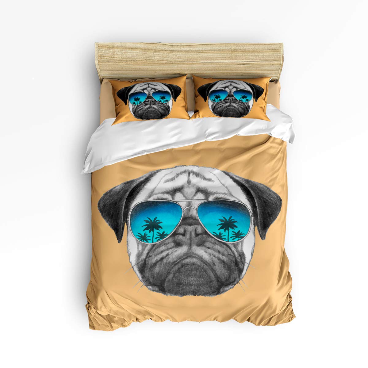 Pink Sky Queen Size Kids Duvet Cover Set - Cute Pug Dog with Sunglasses Orange Pattern 4-Piece Bedding Set for Girls & Boys (Includes 1 Flat Sheet, 1 Duvet Cover, 2 Pillowcases) - Perfect for Kids' Bedrooms, Sleepovers & Nursery Decor