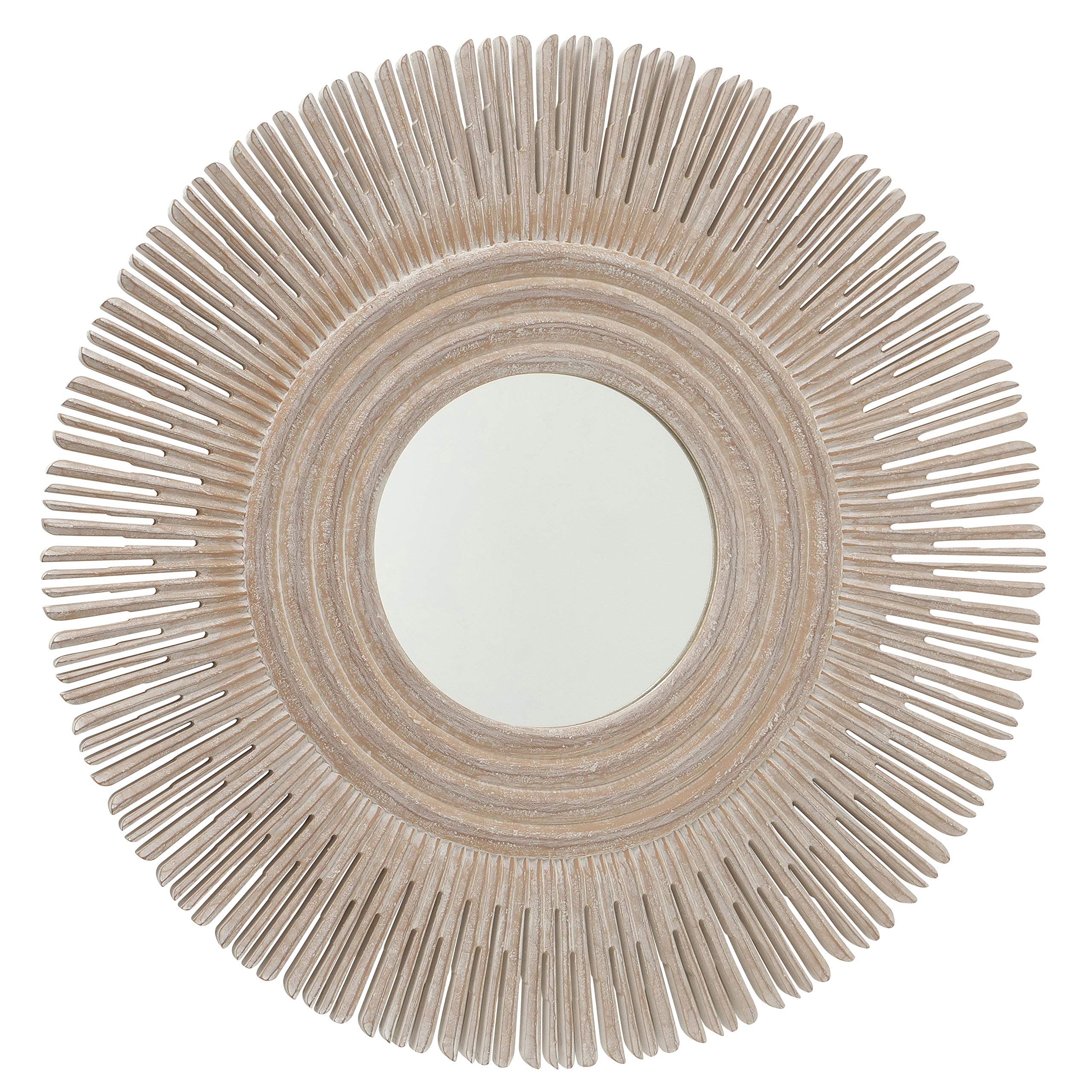 WHW Whole House Worlds Large Modern Sunburst Mirror - White Washed Wood Frame with Brilliant Circular Mirror - 35.5 Inch Diameter Wall Decor for Living Room, Bedroom & Entryway