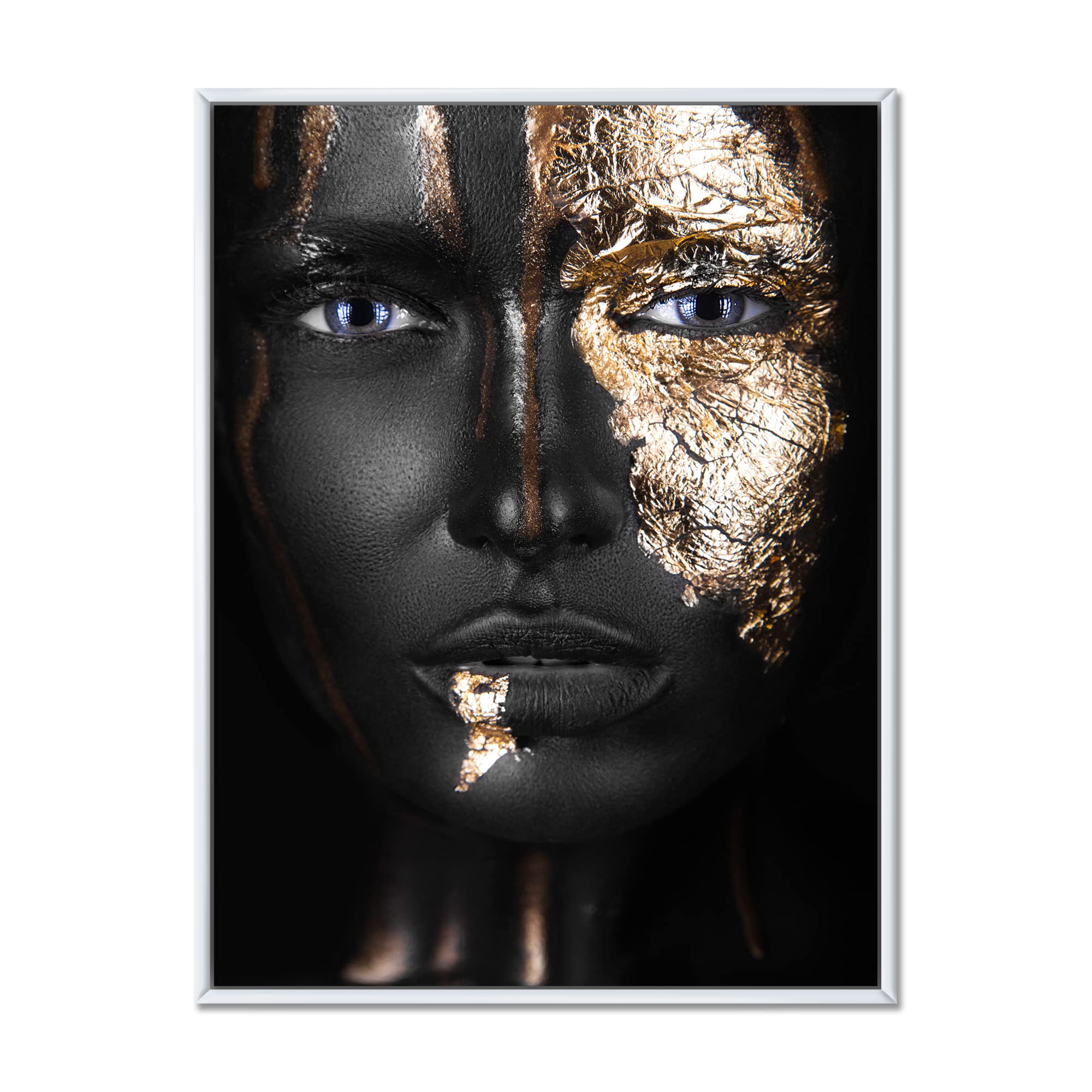 Portrait of African American Girl with Gold Makeup - Modern Framed Canvas Wall Art Print for Living Room, Bedroom & Office Decor