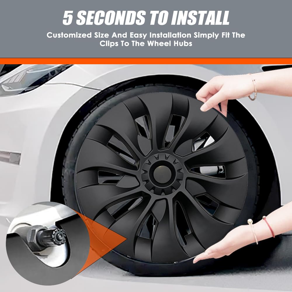 Tesla Model 3 18 Inch Wheel Covers (4-Piece Set) - ABS Hubcaps Compatible with 2017-2023 Model 3 | OEM Style Rim Replacement in Whirlwind Matte Black - Perfect for Car Upgrades & Winter Protection