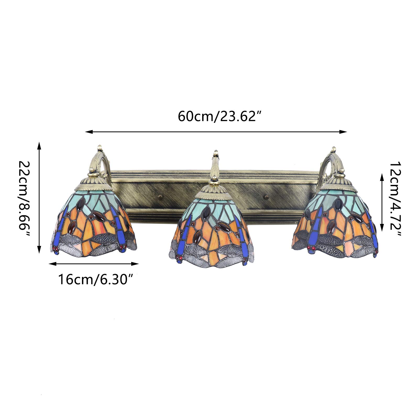 TFCFL 3-Light Bronze Wall Sconce with Handcrafted Stained Glass Dragonfly Shades - Elegant Vanity Lighting for Bathroom, Bedroom, and Hallway Décor