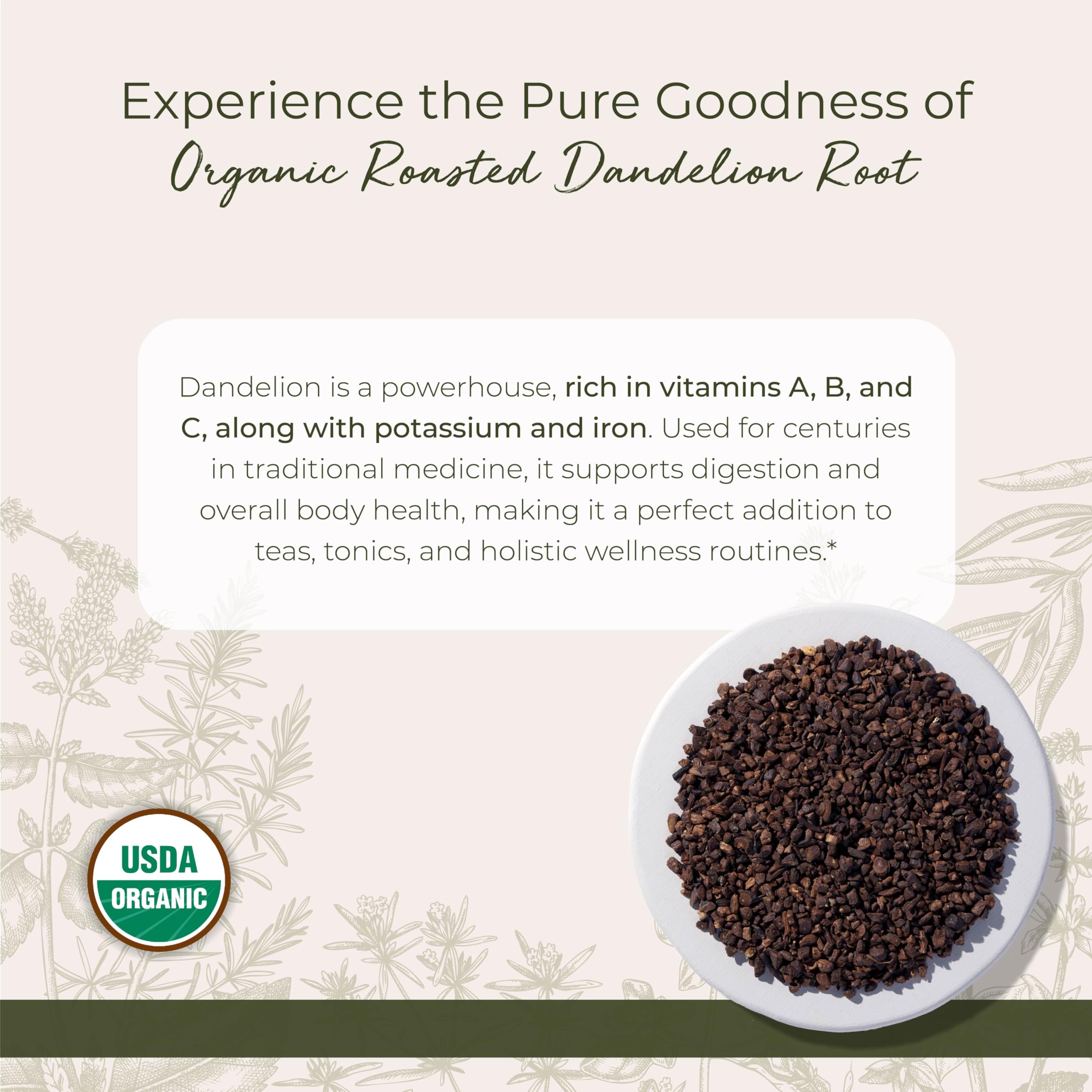 Organic Roasted Dandelion Root Tea - 1 Pound Bulk Loose Leaf Herbal Tea for Detox & Digestion - Perfect for Morning Brews, Afternoon Relaxation & Wellness Rituals