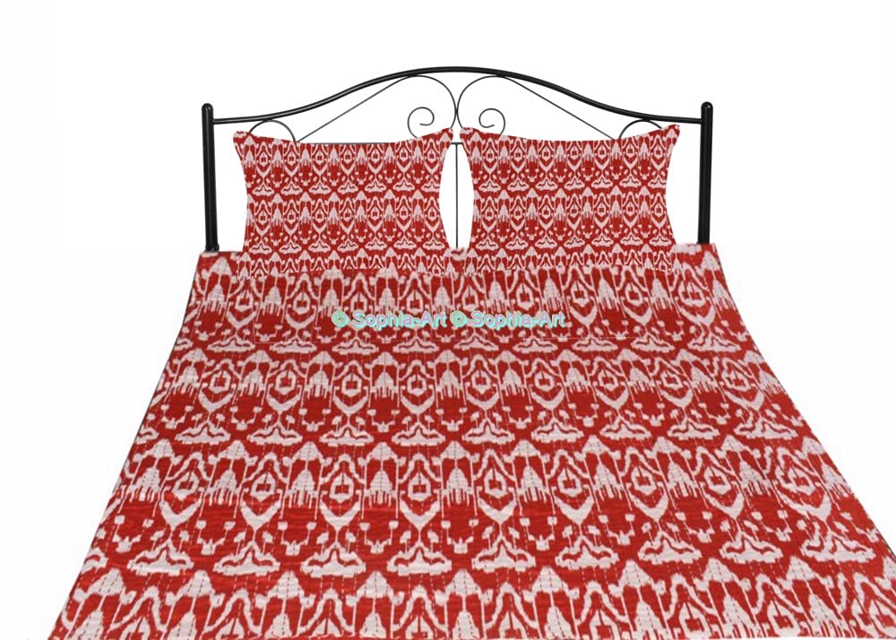 Handmade Indian Kantha Quilt - Reversible Cotton Bedspread with Vintage Ikat Print | California King Size 108x108 Inch | Sofa Cover, Bedding Decor for Bohemian & Eclectic Home Style (Red, Includes Sham Cover)