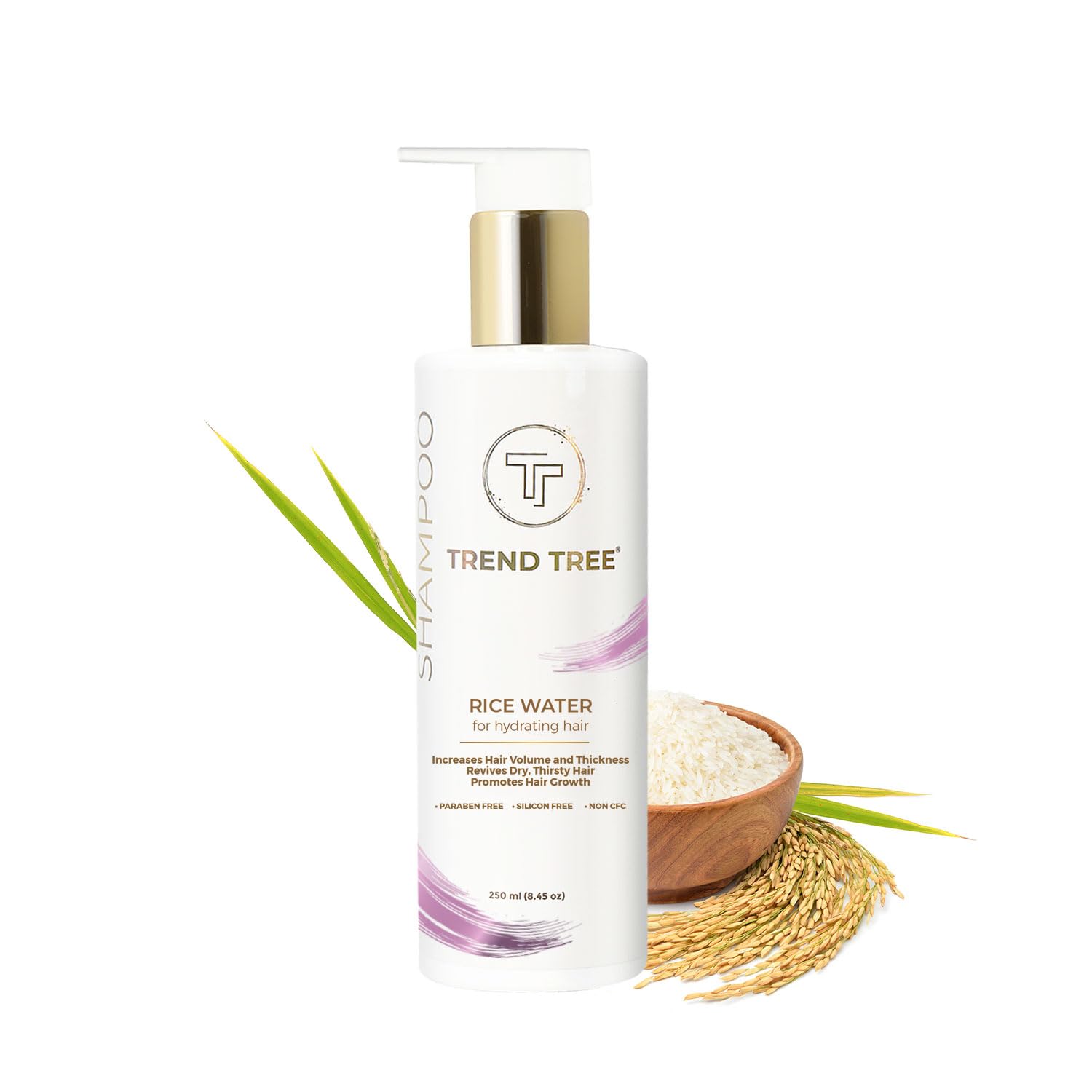 TRENDTREE® Rice Water Shampoo for Dry Damaged Hair - Hydrating & Volumizing Formula Promotes Hair Growth & Thickness - All Natural Paraben Free Silicone Free 250ml - Perfect for Daily Hair Care & Scalp Nourishment