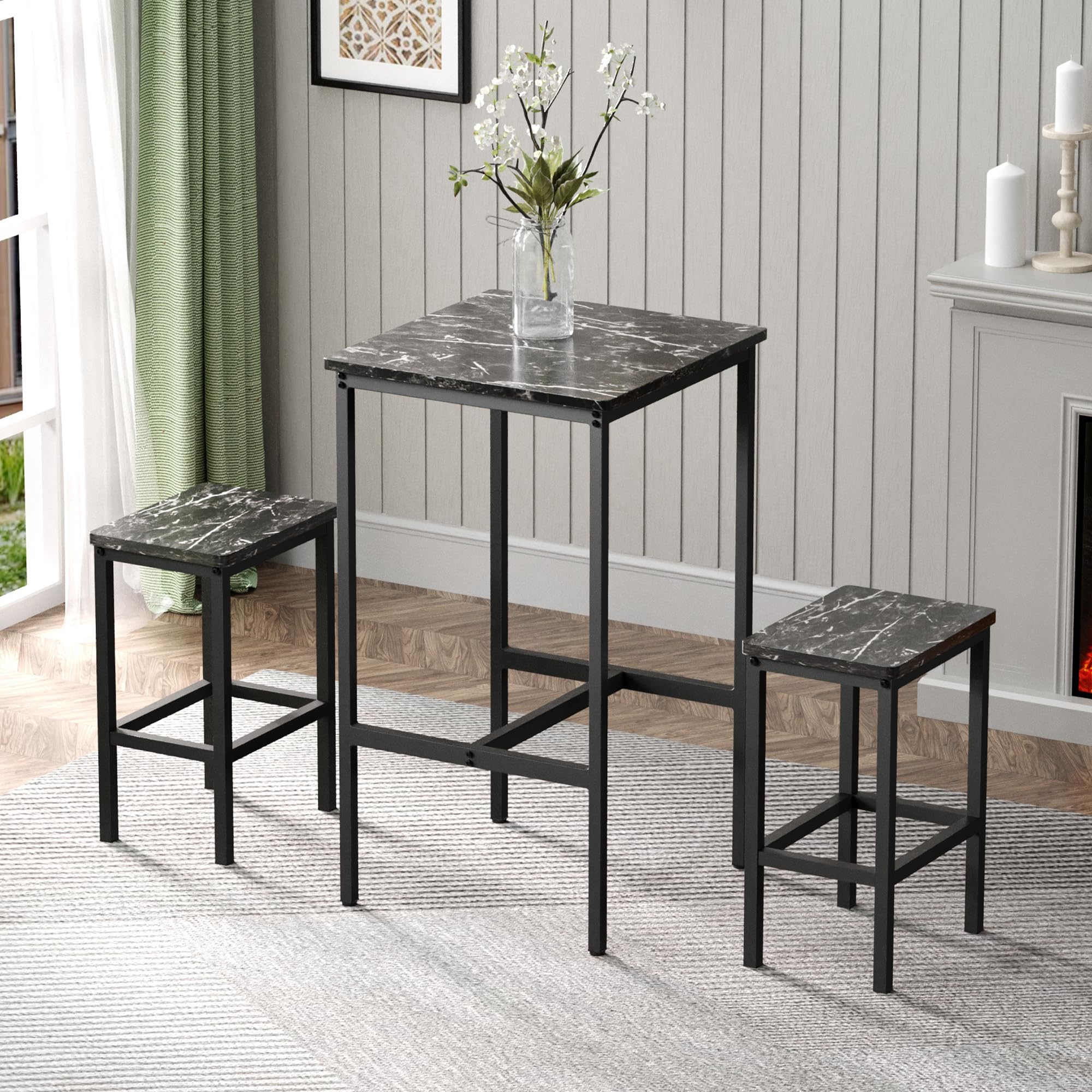 Square Bar Table - Small Kitchen Dining & Cocktail Table with Sturdy Metal Frame, High Top Pub Table for Parties, Space-Saving Narrow Design for Living Room, Kitchen, Bar - Marble Black Finish for Home & Office Use