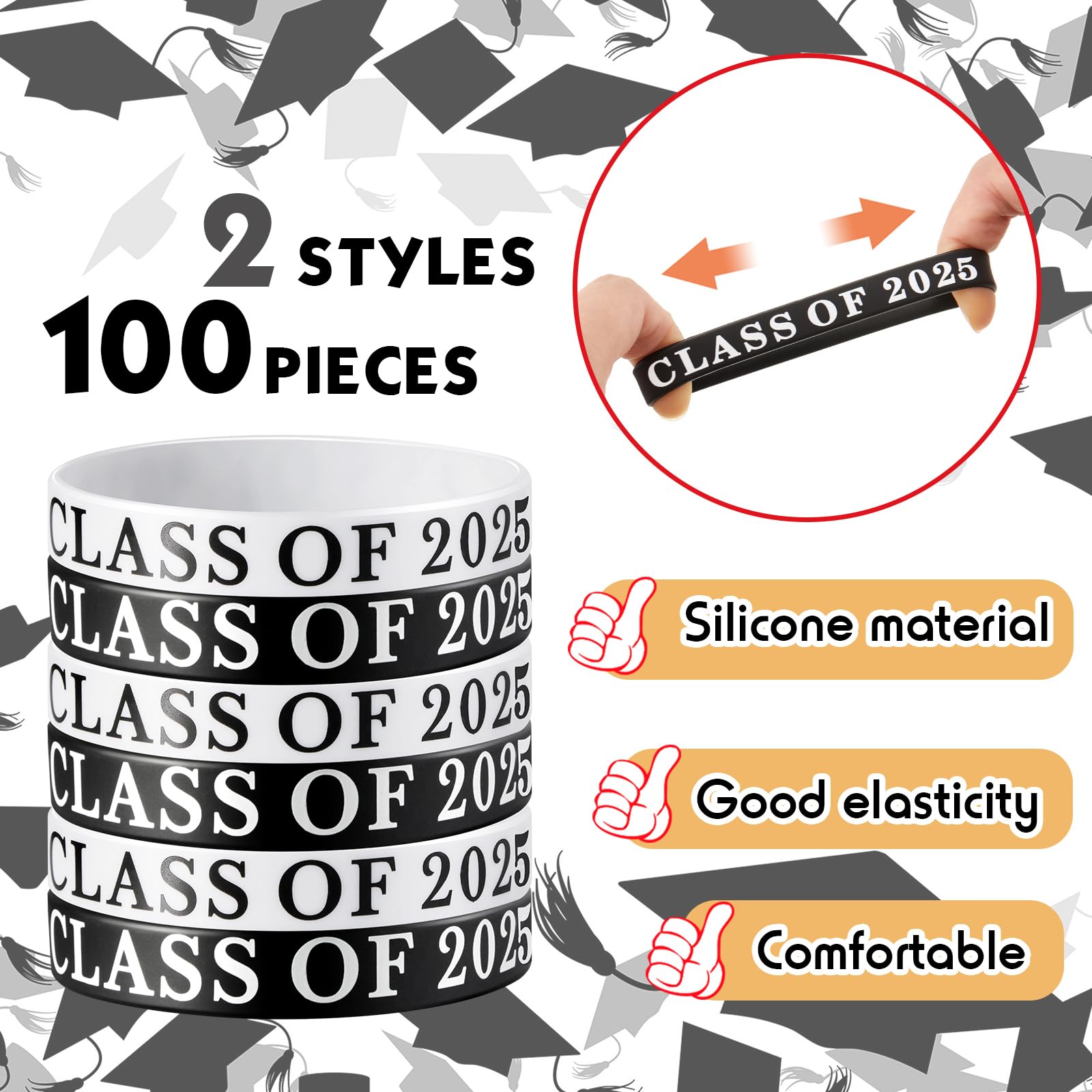 Poen 100 Pcs Class of 2025 Graduation Bracelets - Bulk Silicone Wristbands for High School & College Grad Celebrations - Commencement Party Favors Supplies (Black & White) - Perfect for Graduation Ceremonies, Senior Week & Alumni Events