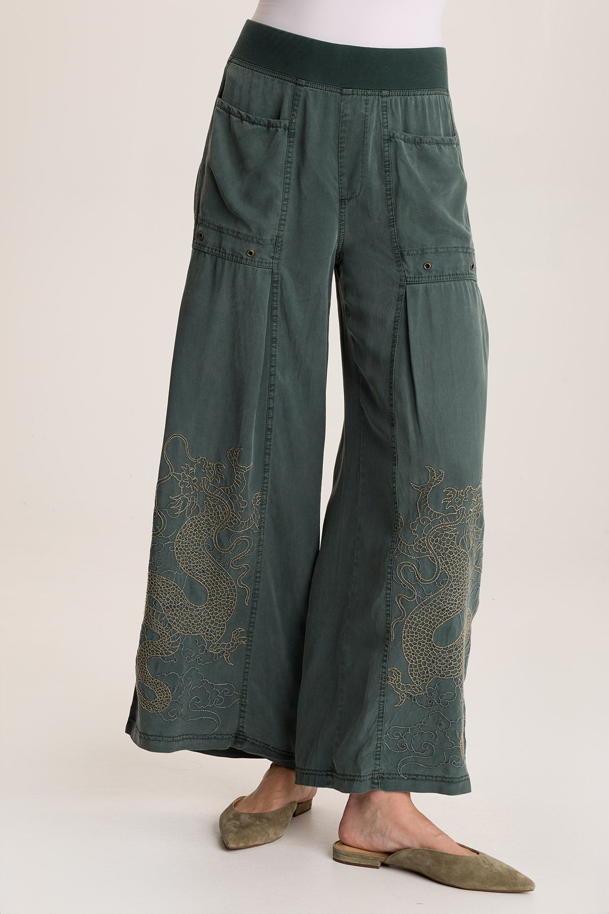 Phedora Women's High Waist Twill Embroidered Wide Leg Pants - Comfortable Loose Fit Casual Trousers for Work, Travel & Everyday Wear