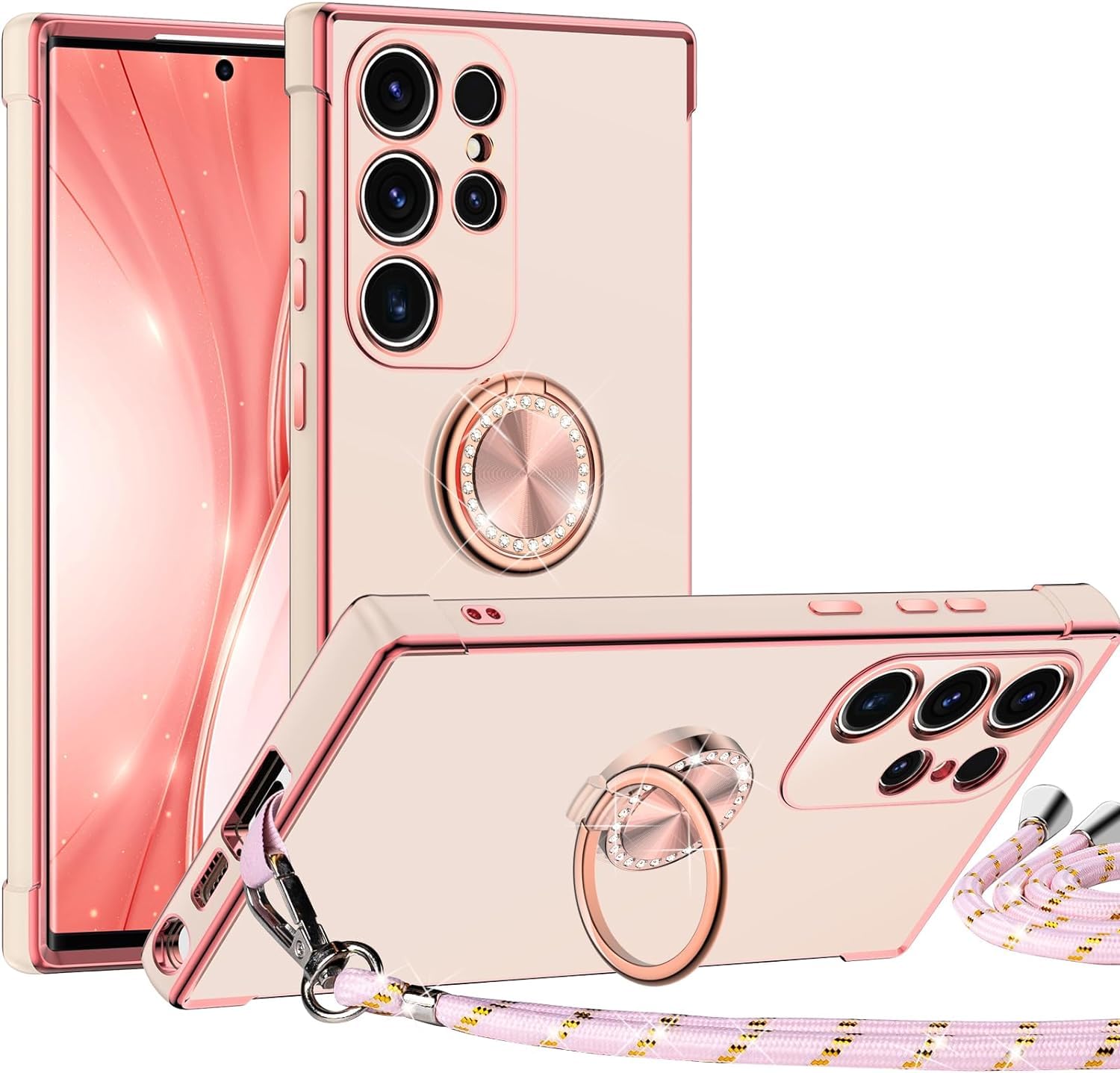 Luxury Electroplated Samsung Galaxy S24 Ultra Case with Ring Holder Stand & Lanyard - Shockproof Soft Protective Phone Cover for Women & Girls (Pink) - Perfect for Work, Travel, and Everyday Use