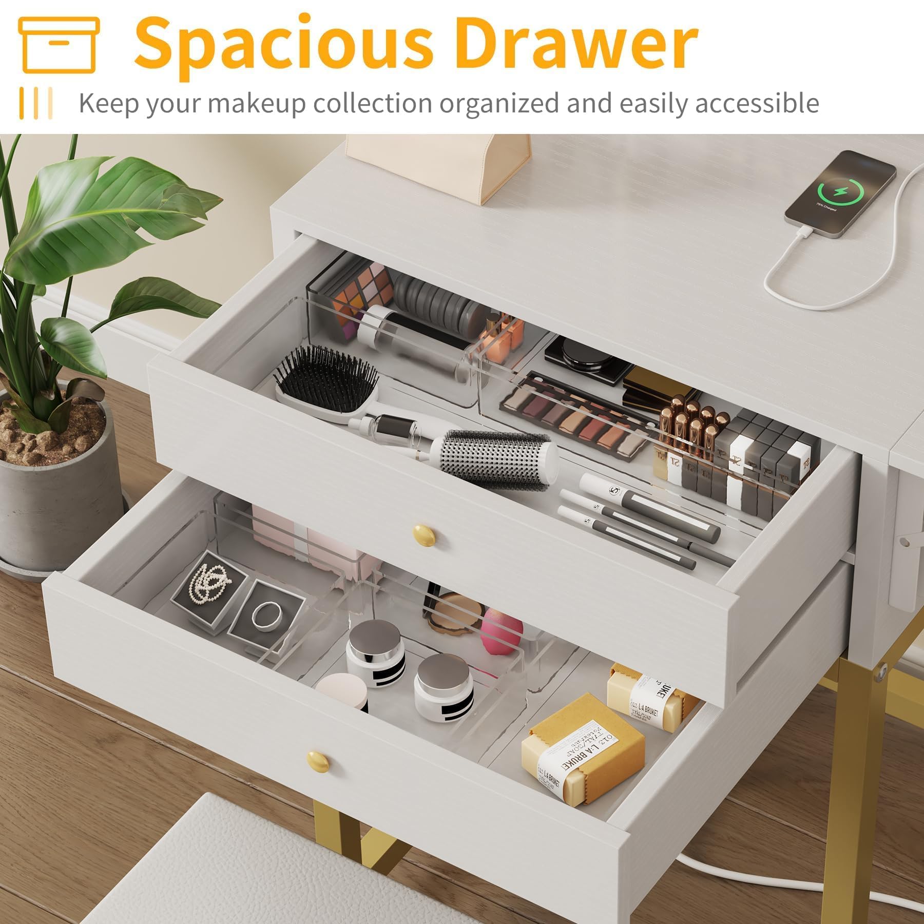 Small Makeup Vanity Desk with LED Lights - White Vanity Set with Mirror & Stool, Compact Dressing Table with Storage Drawers & USB Outlet for Bedroom, Apartment - Perfect for Beauty Routine, Makeup Application & Small Space Organization (Gold Trim)