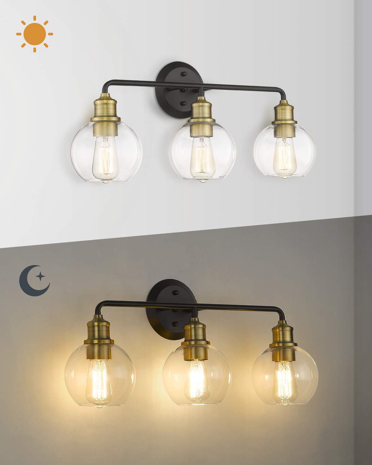 3-Light Bathroom Vanity Lights - Matte Black & Antique Brass Finish with Clear Glass Shade - Modern Bathroom Lighting Fixtures for Mirror - Perfect for Bathroom, Powder Room & Dressing Room Makeup Lighting (Model KW-7221-3)