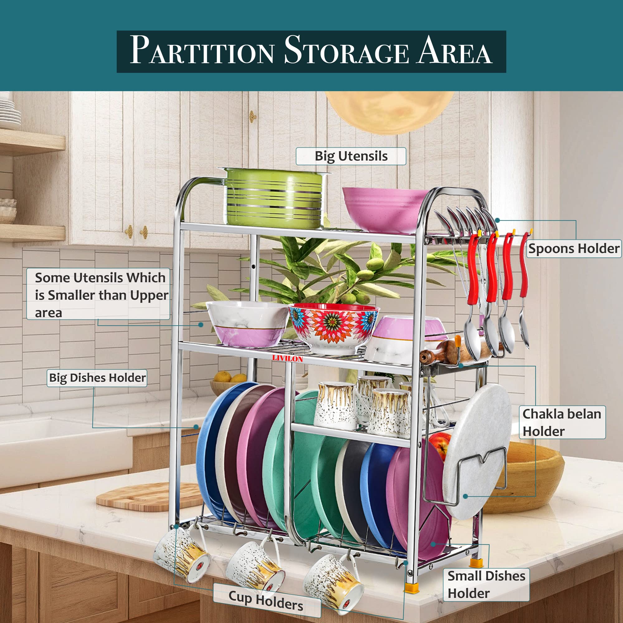 Stainless Steel Wall Mount Kitchen Dish Rack - 24x18x10 Inches Space Saving Utensil Holder with Plate & Cutlery Stand | Perfect for Small Kitchens, Apartments & RVs | Durable Dish Drying Rack for Countertop Organization (LVNLVNLVN CK 1)