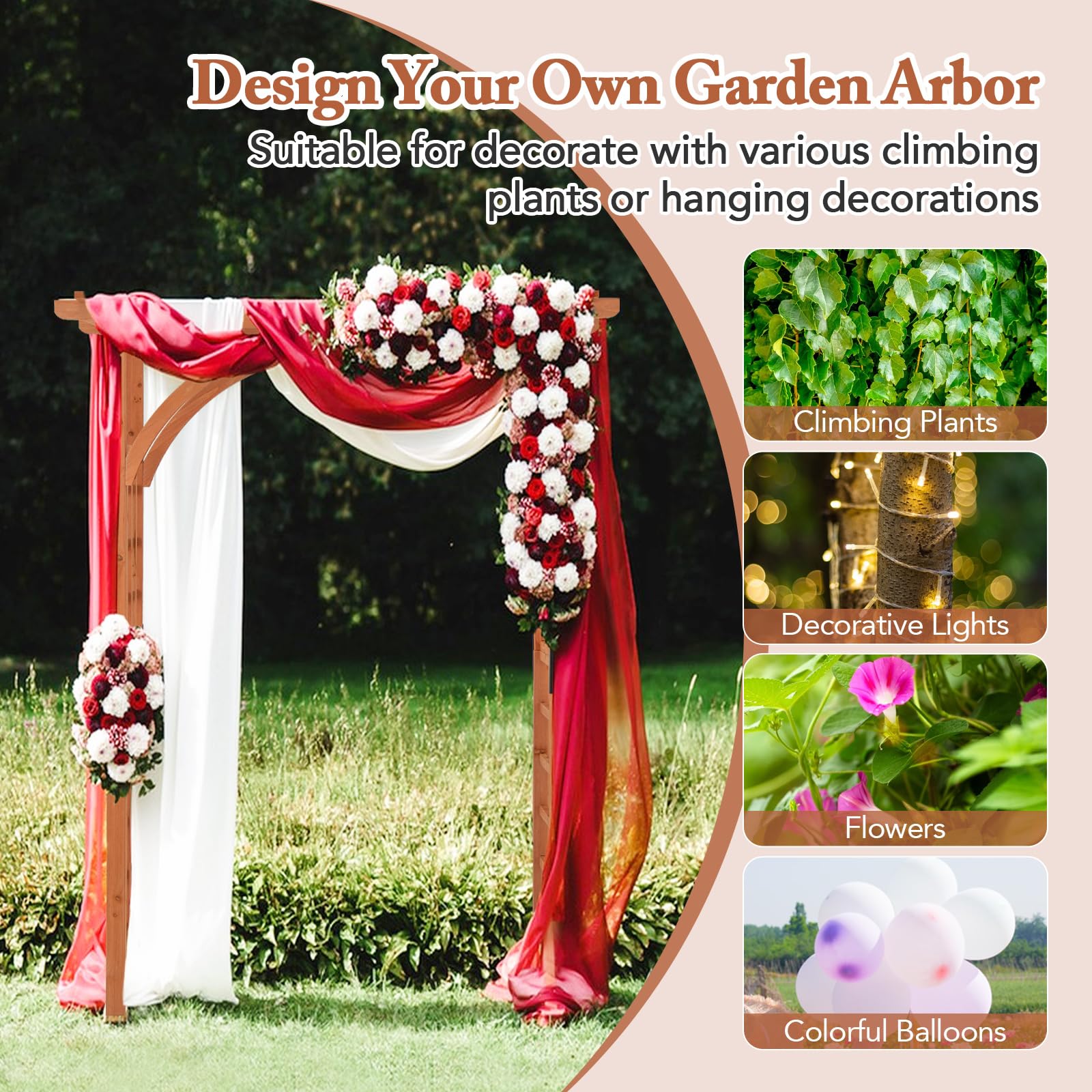 Happygrill 84 Inch Wooden Garden Arbor with Decorative Hanging Roof & Climbing Trellis - Outdoor Archway Pergola for Climbing Plants, Wedding Decorations, Lawn & Party Events - Perfect for Backyard, Patio and Garden Landscaping