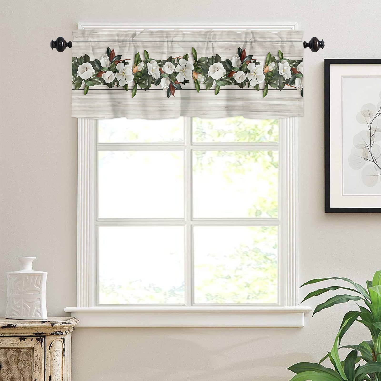 Magnolia Floral Wooden Plank Kitchen Window Valance Curtains - 54