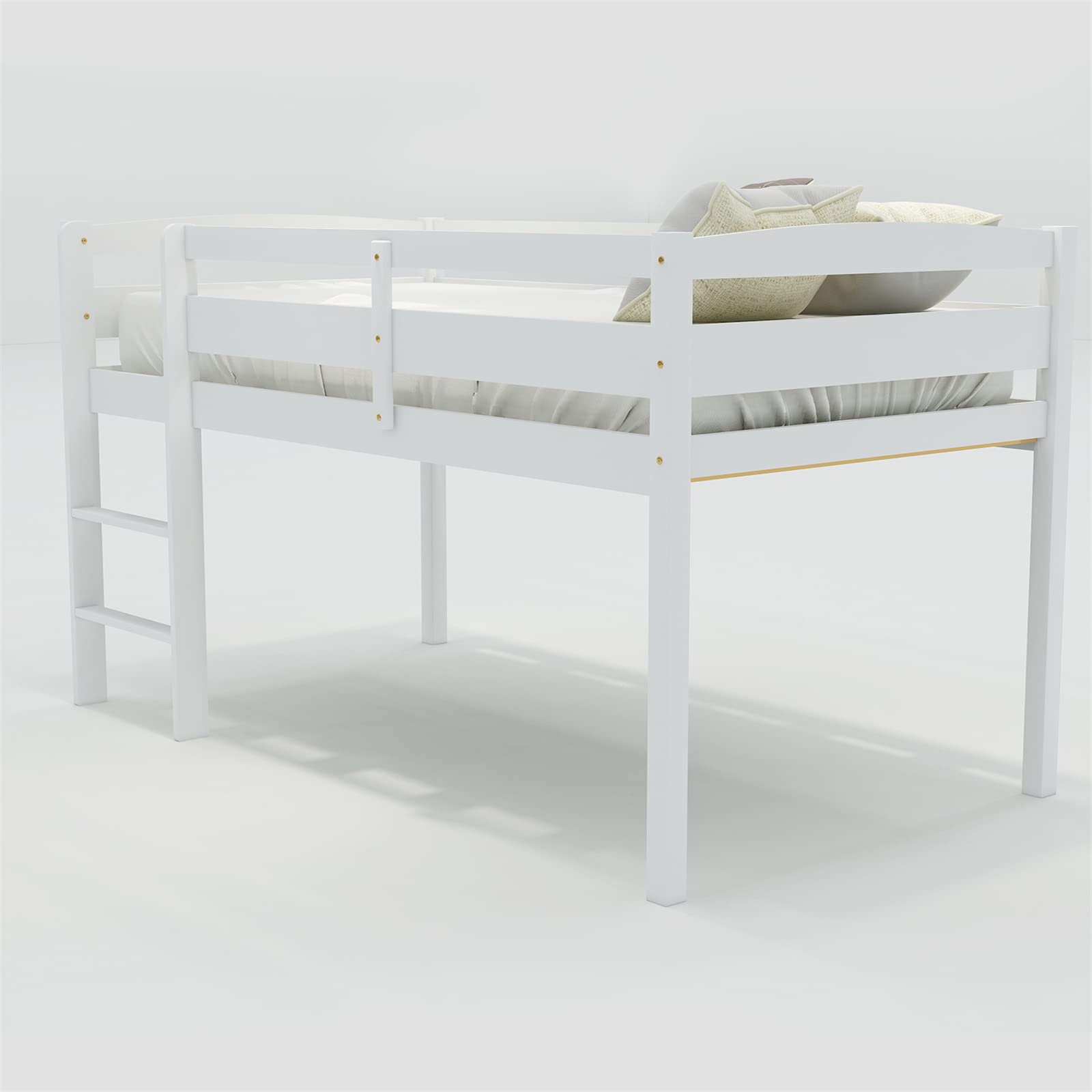 Bellemve Low Loft Bed Twin Size - Sturdy Wooden Loft Bed Frame with Ladder for Kids, Teens, Boys & Girls - Space-Saving White Bedroom Furniture for Small Rooms, Dorms & Apartments