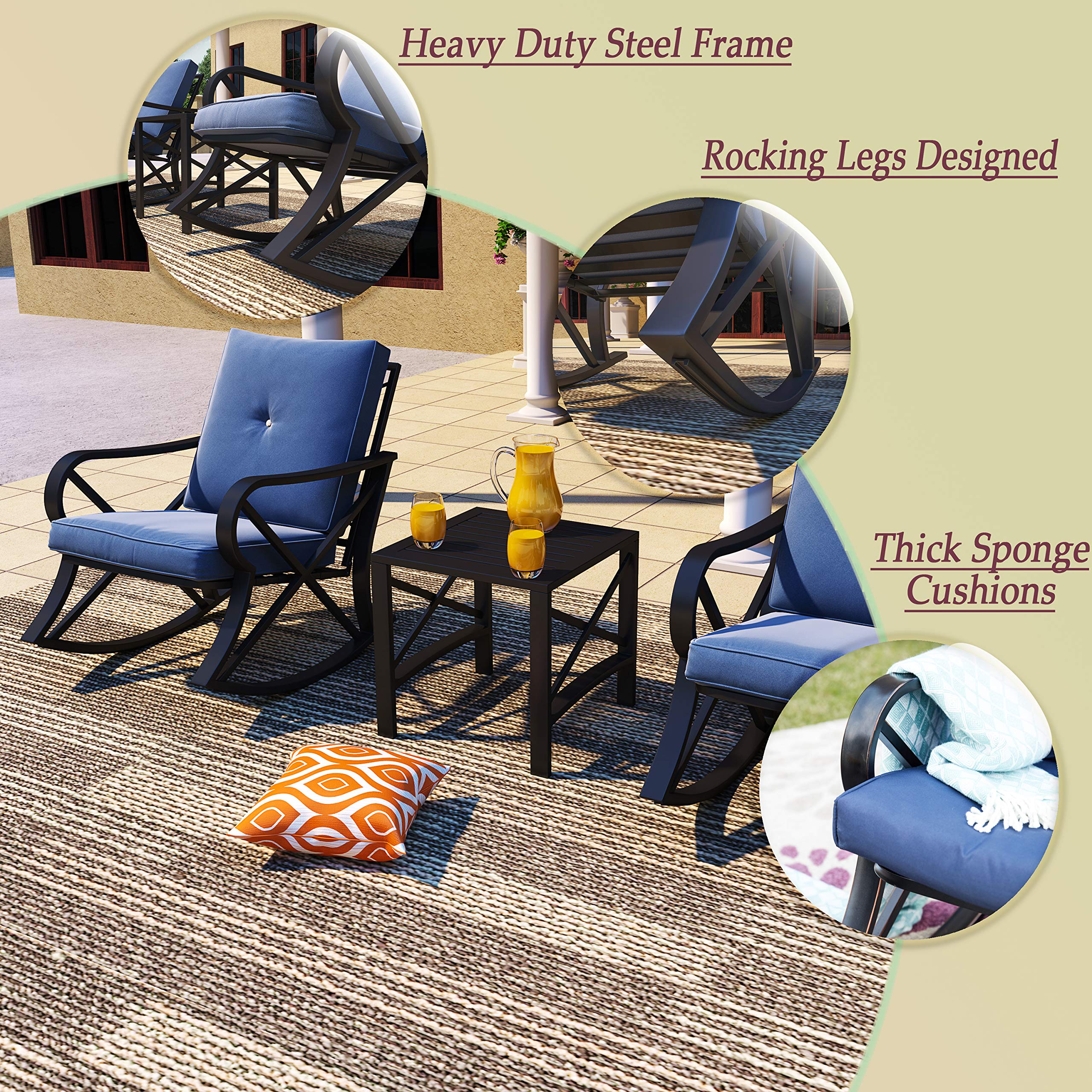PatioFestival 3-Piece Outdoor Rocking Chair Bistro Set with Coffee Table & Thick Cushions - Metal Garden Furniture for Backyard, Lawn, Porch, Poolside (Blue) - Perfect for Relaxing, Entertaining & Outdoor Dining