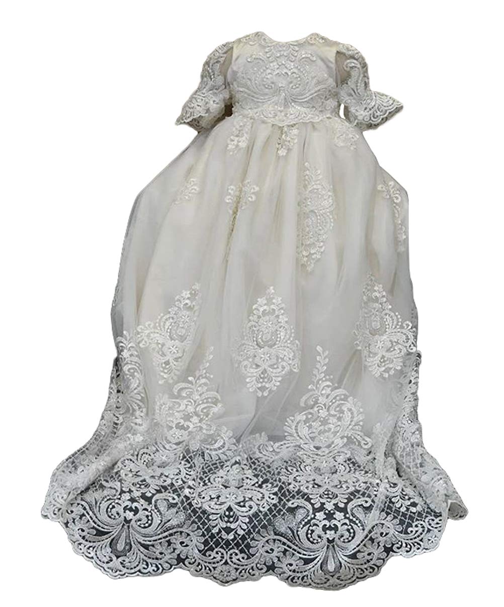 Girls' Full Lace Sequins Baptism Dress with Bubble Sleeves - Elegant Christening Princess Gown for Baby Girls - Perfect for Church Ceremonies, First Communion & Special Occasions