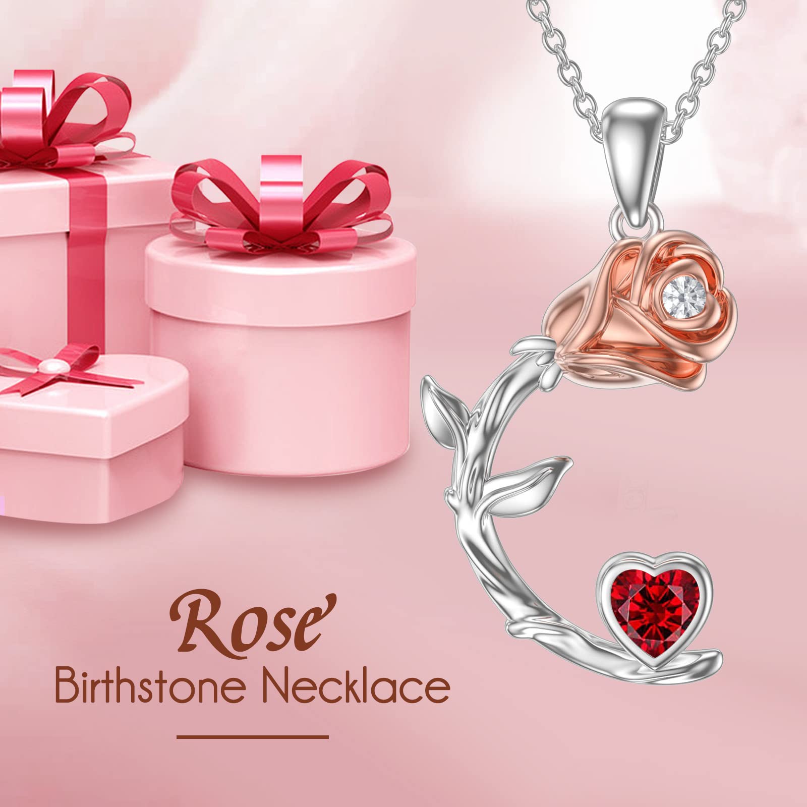 OCJ Rose Moon Necklace - 925 Sterling Silver Rose Pendant with Heart Birthstone - Elegant Jewelry Gift for Women, Wife - Perfect for Birthday, Christmas, Anniversary & Valentine's Day - Ideal for Date Nights, Weddings & Special Occasions