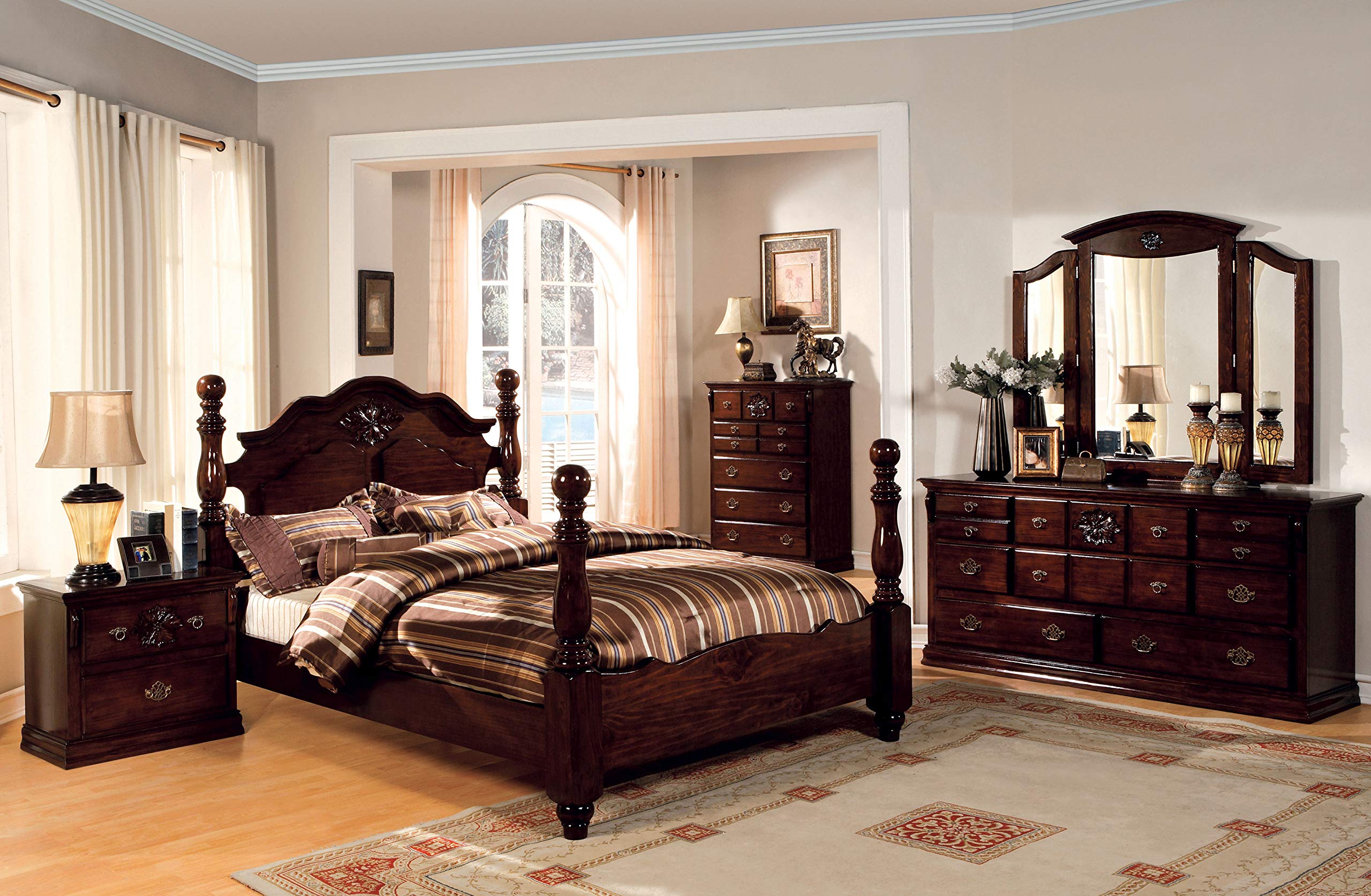 Vignetta Traditional Wood Bed Frame with 2 Nightstands Set - California King Size, Glossy Dark Pine Finish - Luxury Bedroom Furniture for Master Suite & Guest Room
