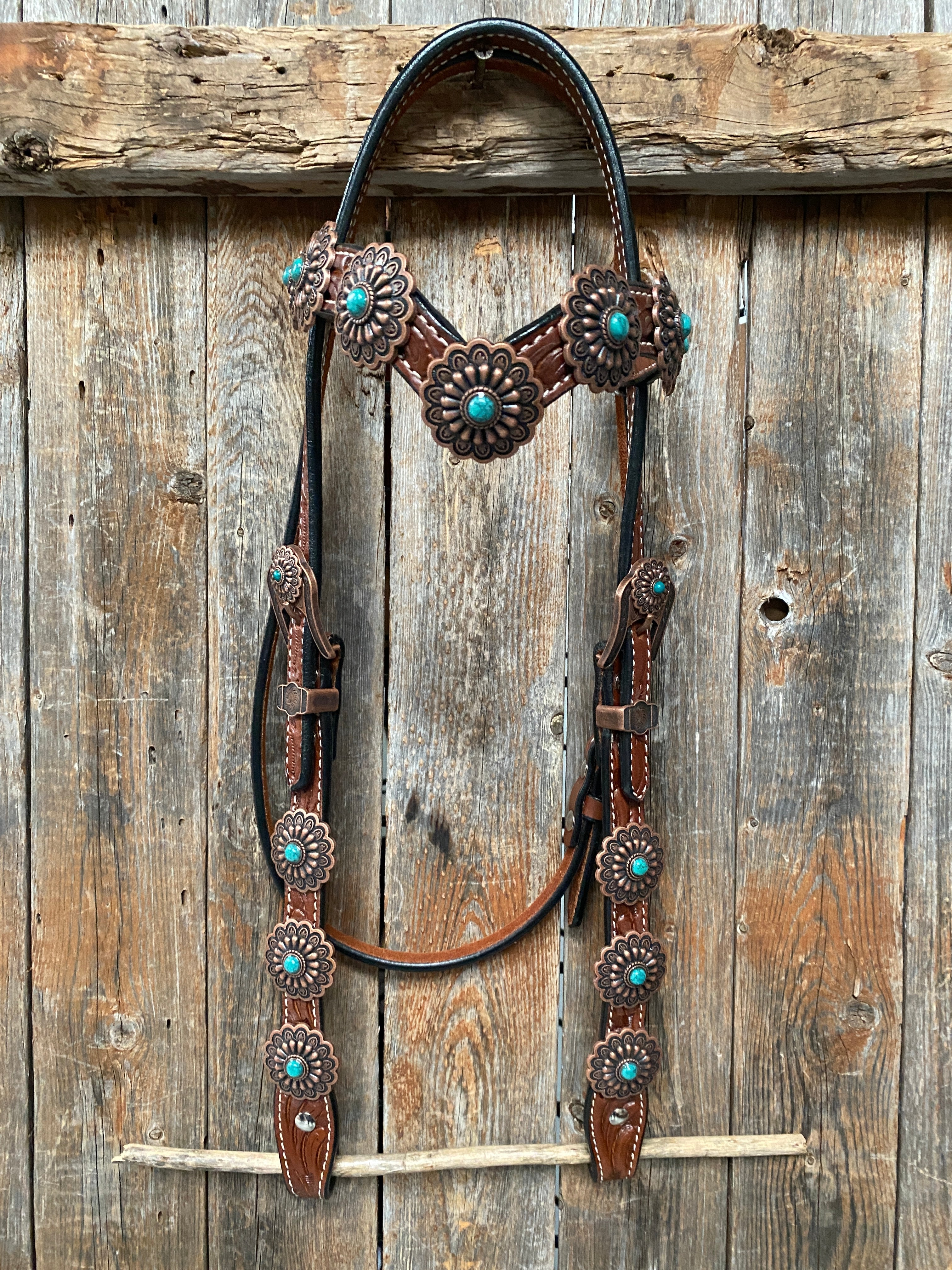 Medium Oil Copper Turquoise Browband Tack Set for Horses - Western Style Equestrian Bridle Accessories #BBBC468 | Perfect for Show, Trail Riding, and Ranch Work
