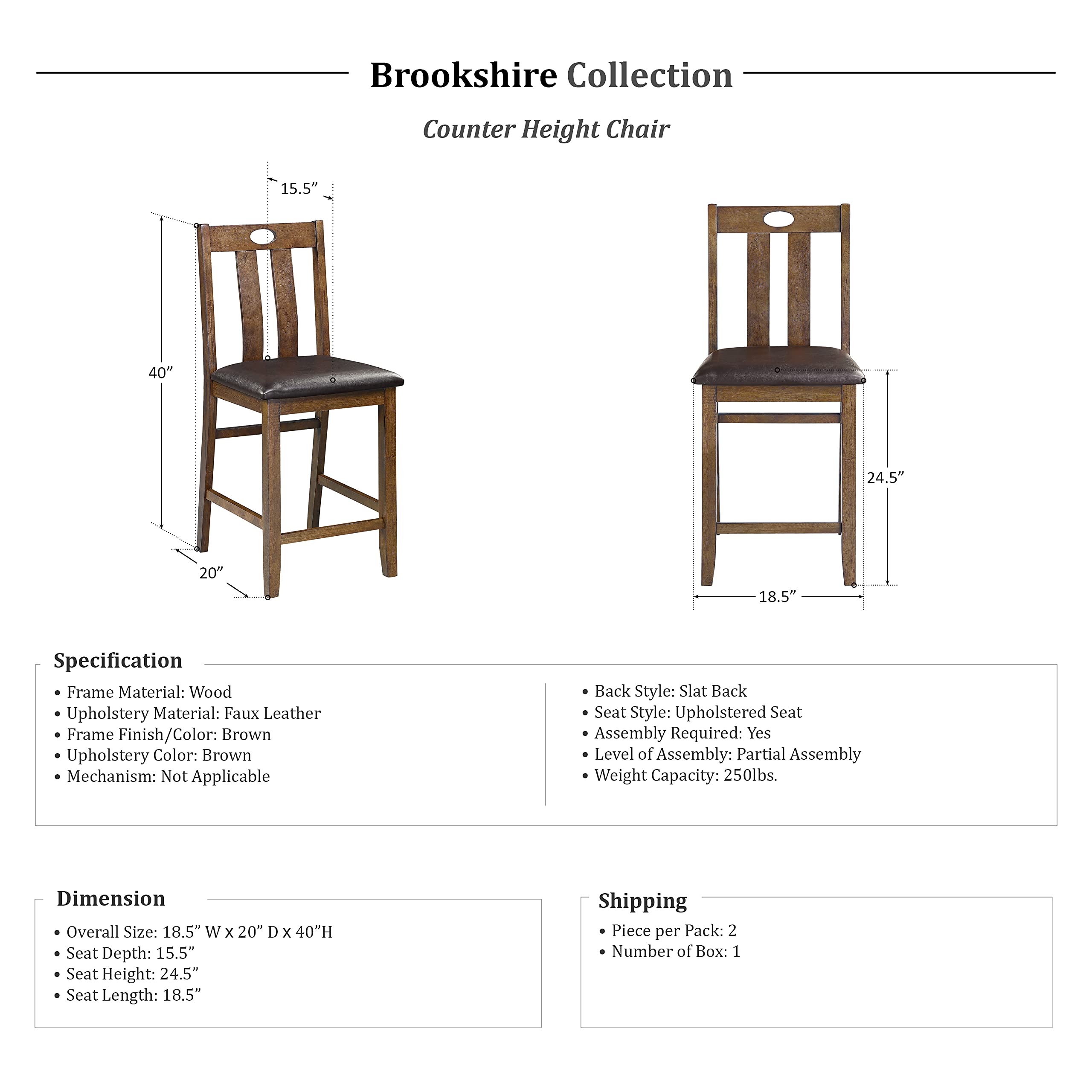 Lexicon Brookshire 5-Piece Counter Height Dining Set - Brown Wooden Bar Table & Stools for Kitchen, Breakfast Nook & Small Space Dining | Modern & Space-Saving Design