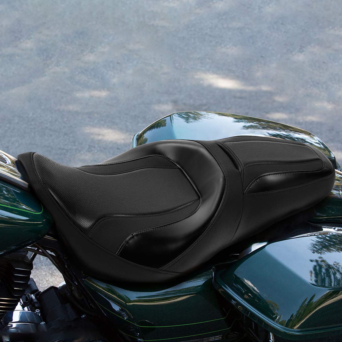 Premium One-Piece 2-Up Bucket Seat for Harley Davidson Road King/Street Glide/Electra Glide/Road Glide (2009-2023) - Comfortable Motorcycle Driver & Passenger Seat for Long Rides and Cruising