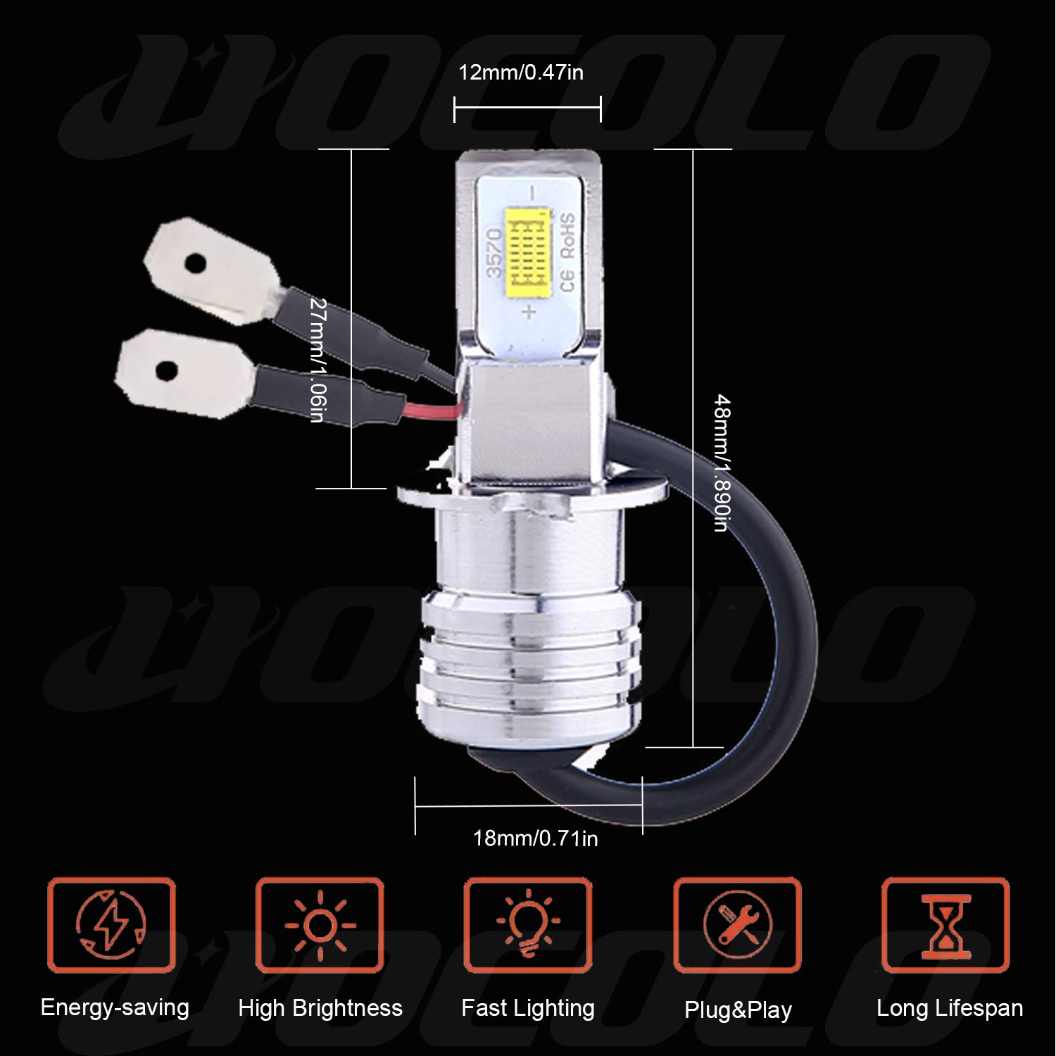 HOCOLO H3 LED Bulbs 6500K White - High Brightness DRL Fog Driving Lights for Cars - Replace Halogen 3570 CSP Chips - Plug-N-Play Installation - Pack of 2 (H3_Fog/DRL, White/6000K) - Perfect for Daytime Running & Nighttime Visibility