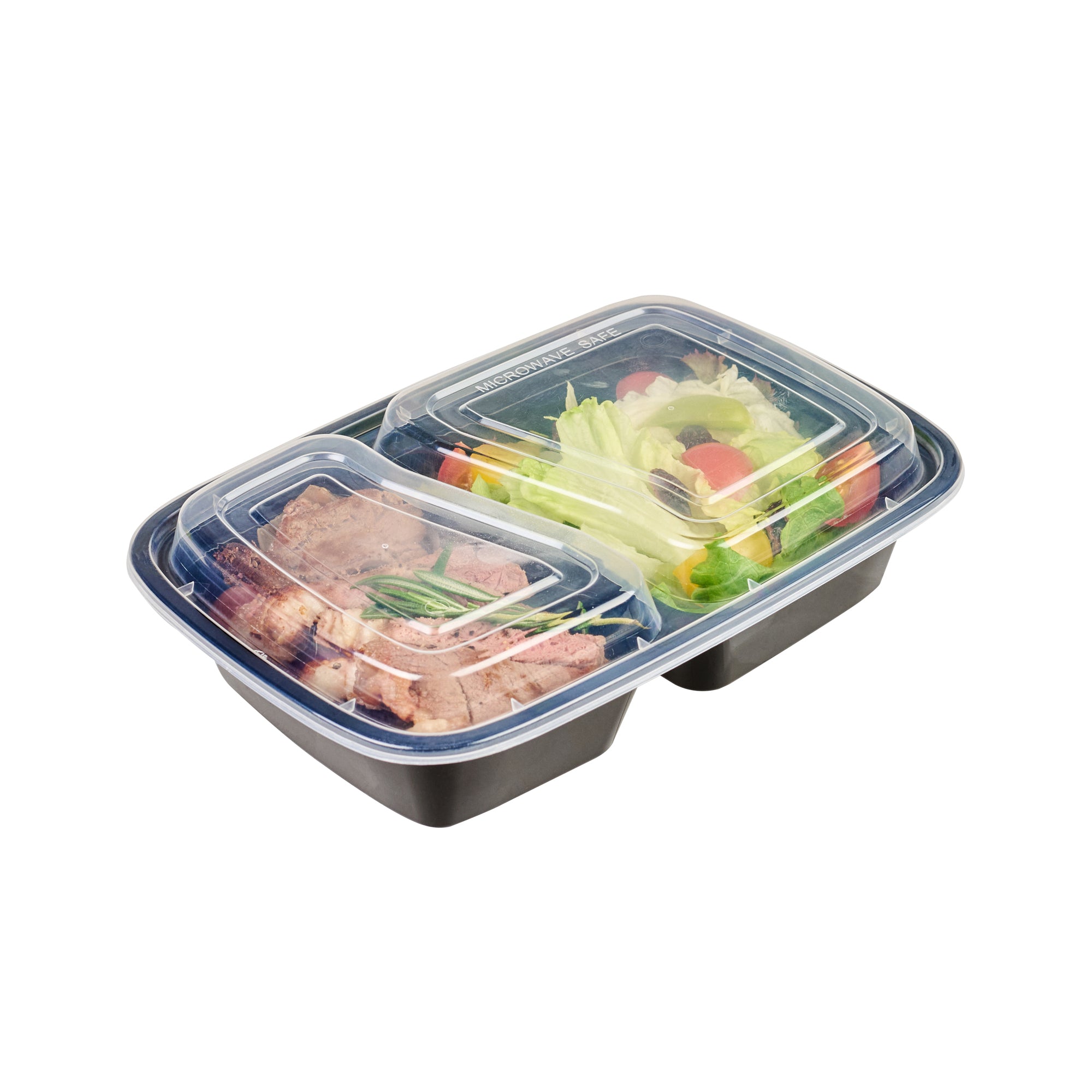32 oz Black Plastic 2 Compartment Food Storage Containers with Clear Lids - Microwave Safe, 8.75