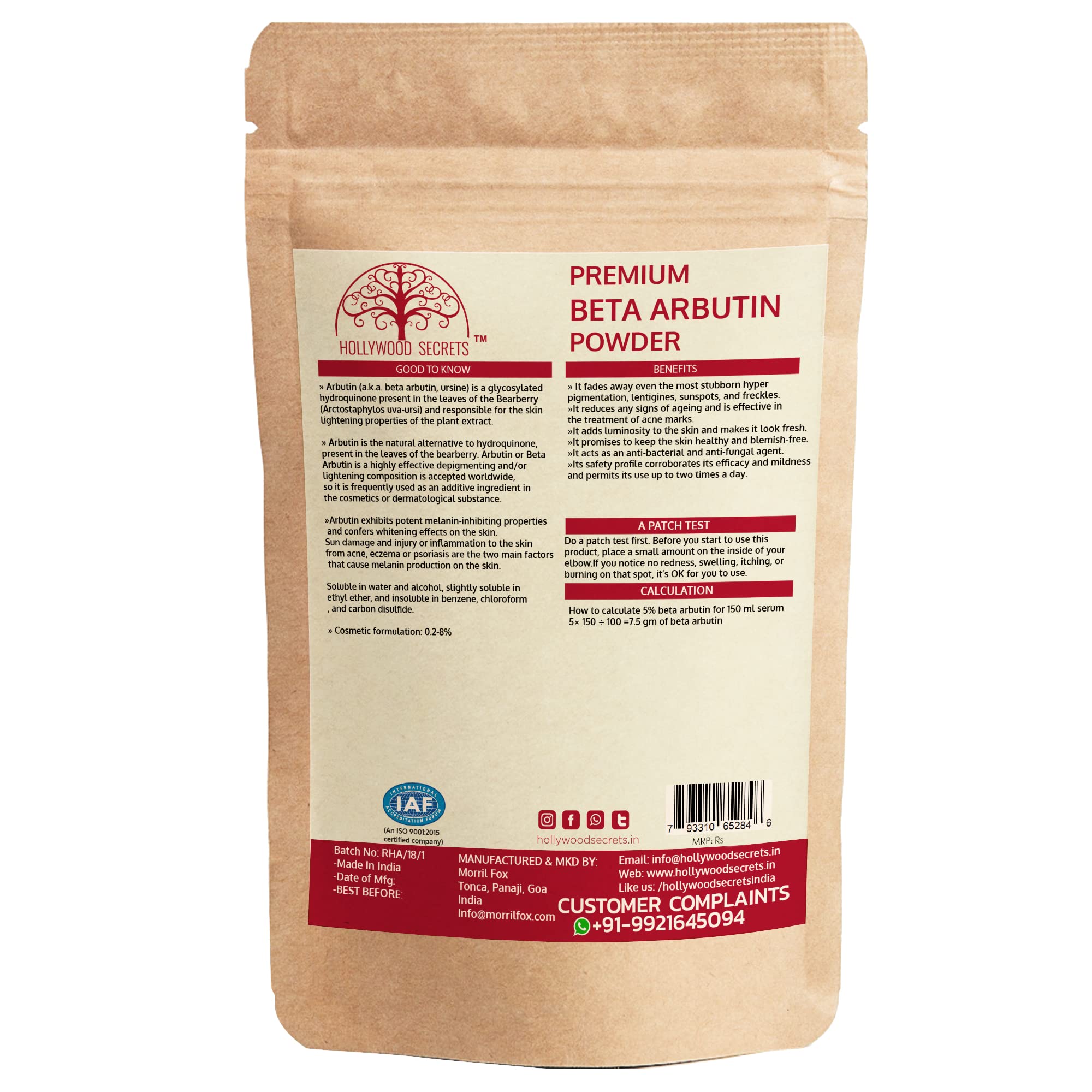Hollywood Secrets Pure Beta Arbutin Powder 50g - Skin Brightening & Dark Spot Treatment for Face & Body - Perfect for Hyperpigmentation, Melasma & Uneven Skin Tone Care