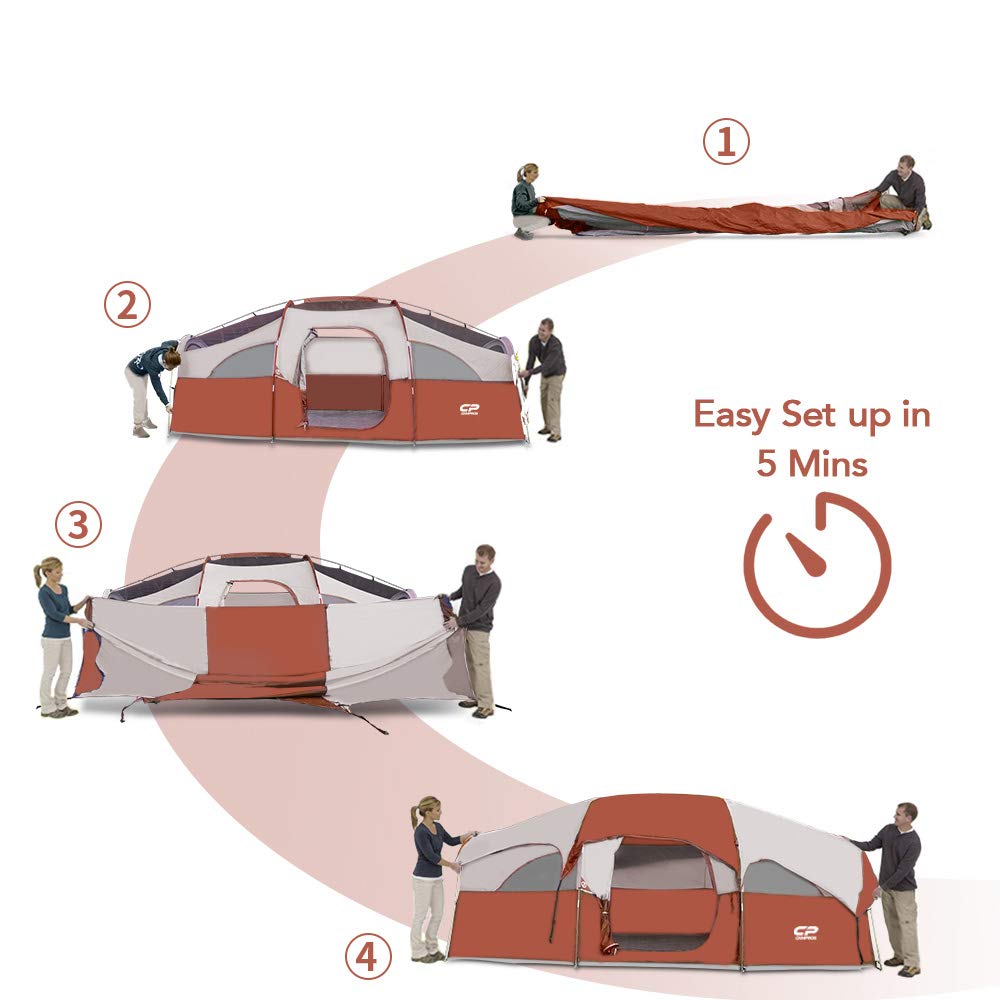 CAMPROS CP 8-Person Family Camping Tent - Waterproof & Windproof Outdoor Tent with 5 Mesh Windows, Double-Layer Design & Room Divider - Portable with Carry Bag - Perfect for Backpacking, Hiking & Family Camping Trips