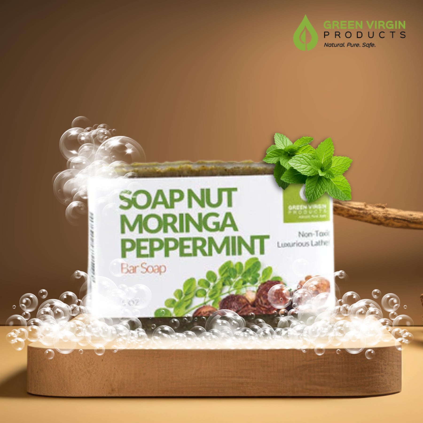 Organic Soap Nut, Moringa & Peppermint Bar Soap - Natural Handmade Cleansing Bar for Sensitive Skin, Eco-Friendly Bath & Shower Soap for Daily Use