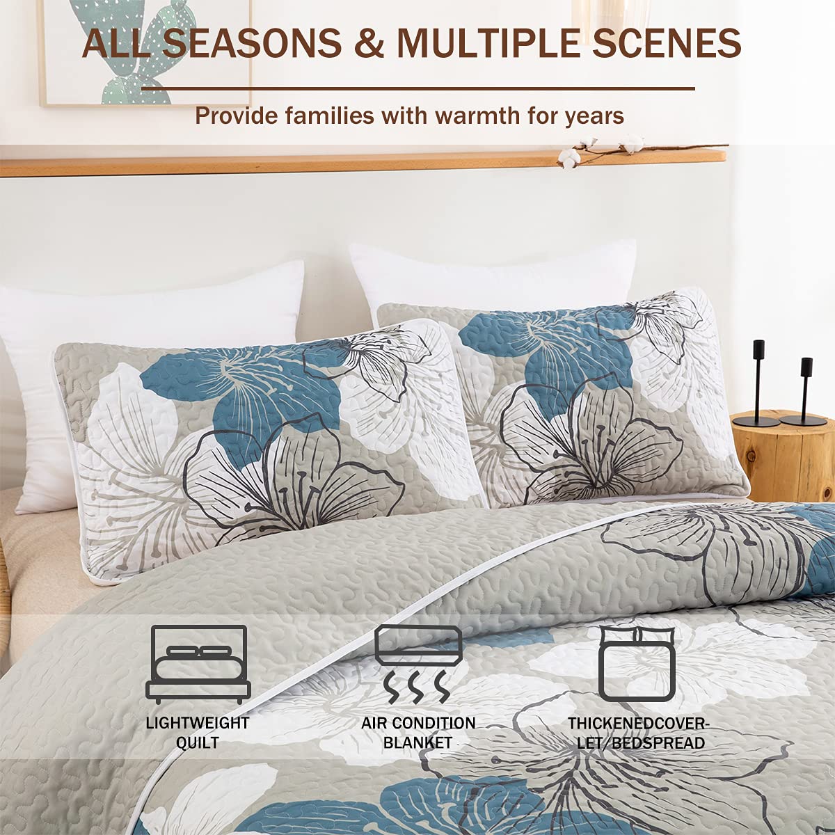 3-Piece California King Quilt Set - Blue Floral Boho Bedspread with 2 Pillow Shams, Lightweight Summer Quilt Coverlet for Adults & Teens, 106