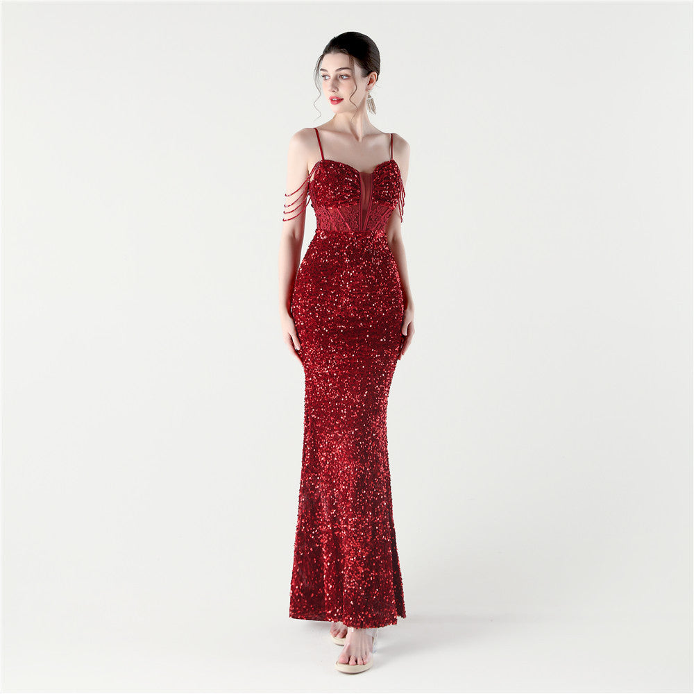 2025 New Fishbone Waist Binding Fleece Evening Dress with Beaded Diamond Decals - Elegant Dinner Party & Formal Event Gown