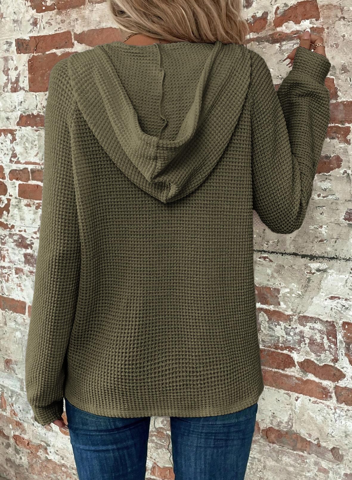 Dokotoo Women's Waffle Knit Hoodie - Long Sleeve Button V-Neck Pullover Sweatshirt with Drawstring | Casual Loungewear for Fall & Winter | Perfect for Coffee Dates, Errands, and Cozy Evenings