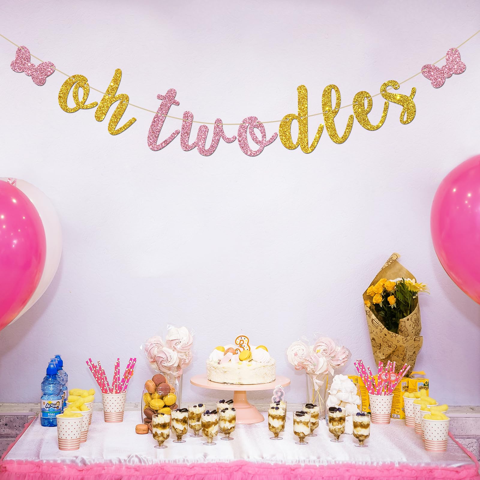 INNORU Oh Twodles Happy 2nd Birthday Banner - Pink & Gold Glitter Cartoon Mouse Theme Party Decorations for Girls - Perfect for Birthday Party, Baby Shower, and Special Celebration Decor