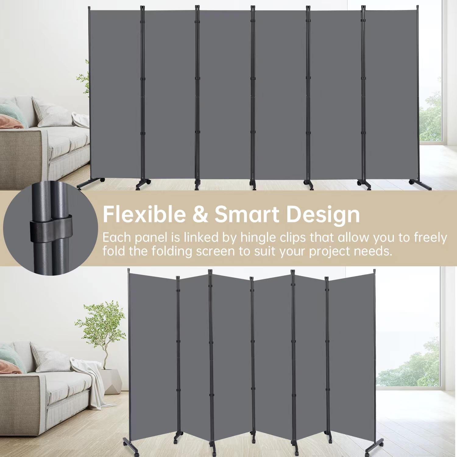 6 Panel Room Divider with Wheels - Portable Fabric Partition Screen for Office, Bedroom & Living Room - Privacy Room Separator for Home & Workspace Decor