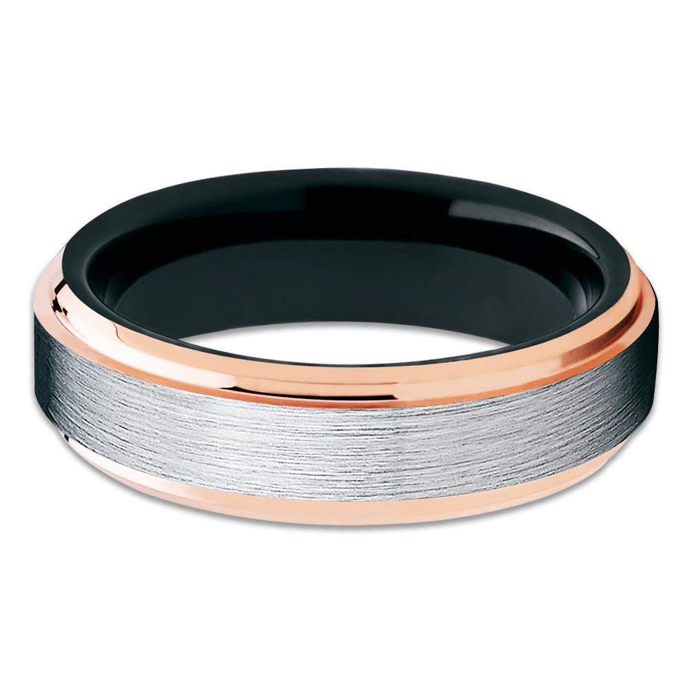 Rose Gold Tungsten Wedding Ring for Men & Women - 18k Rose Gold Plated, 6mm Black Tungsten Band, Comfort Fit Engagement & Anniversary Ring - Perfect for Weddings, Proposals & Special Occasions