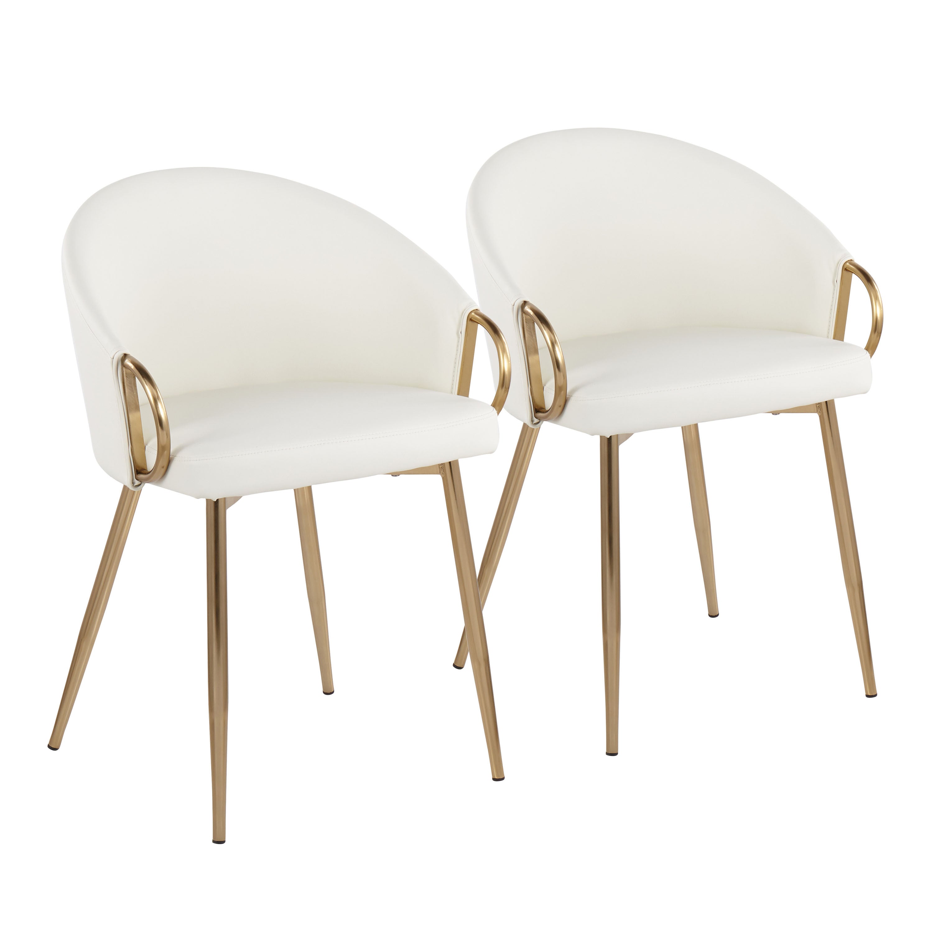 LumiSource Claire Modern Glam Accent Chairs - Set of 2 Gold Metal Frame with White Faux Leather Upholstery - Perfect for Living Room, Bedroom or Office Decor