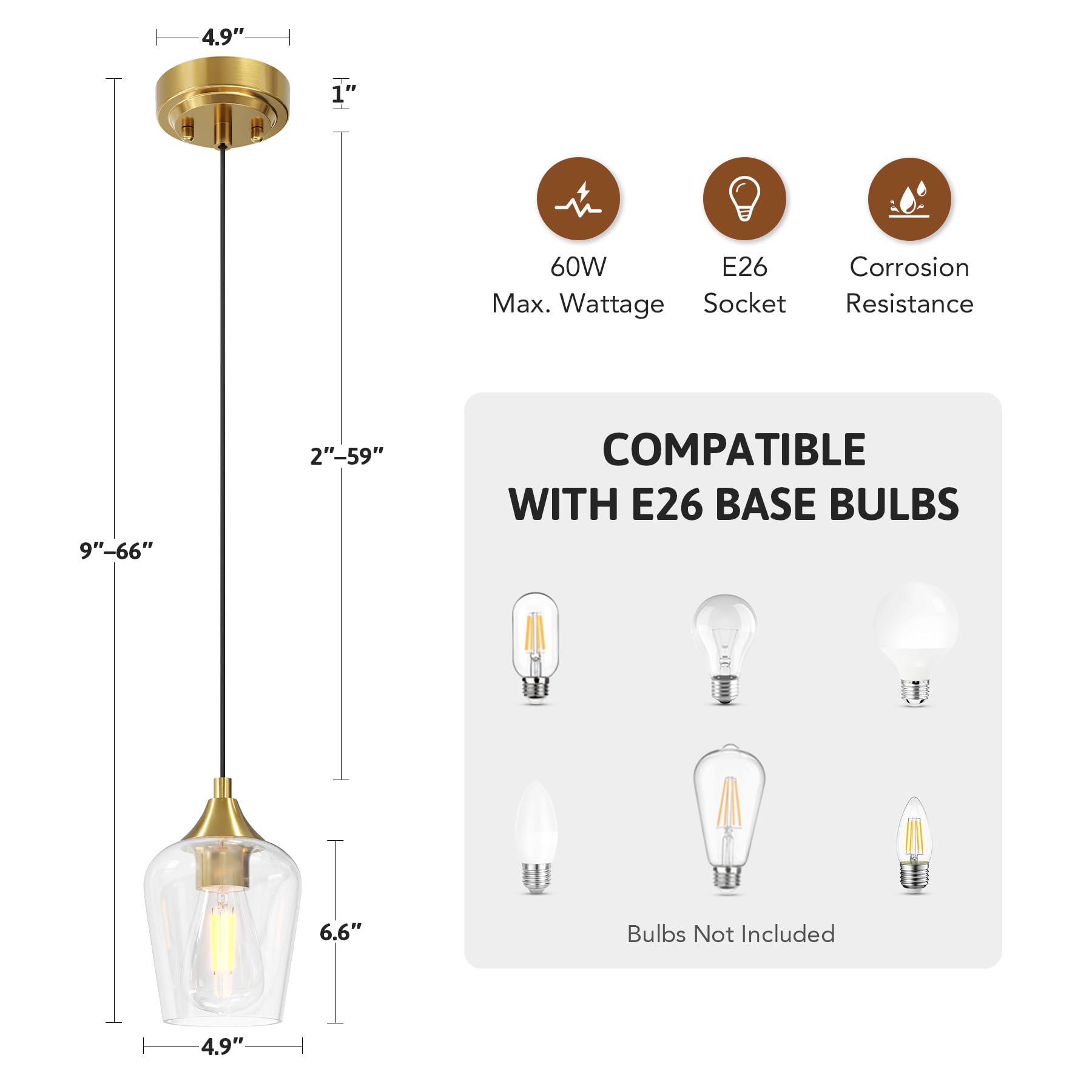 VONLUCE Modern Brushed Gold Pendant Light Fixture with Glass Shade & Adjustable Cable - E26 Base Kitchen Island Lighting for Living Room, Bedroom, Hallway - Perfect for Dining Areas, Entryways, and Home Decor