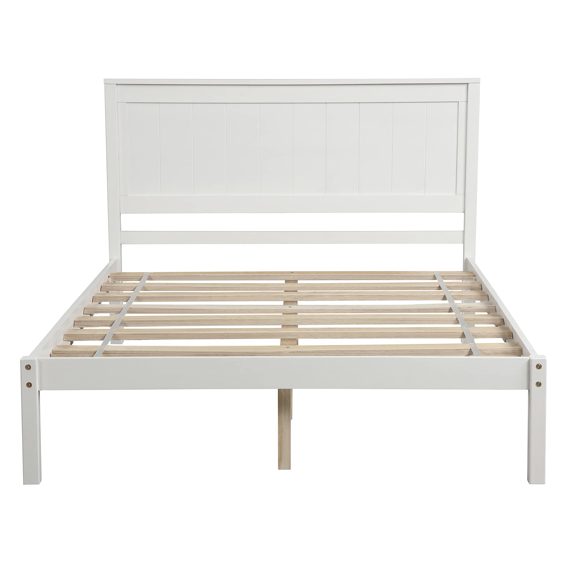 P PURLOVE Full Size Bed Frame - Solid Wood Platform Bed with Headboard, No Box Spring Needed, White - Perfect for Bedroom, Guest Room & Dorm Furniture