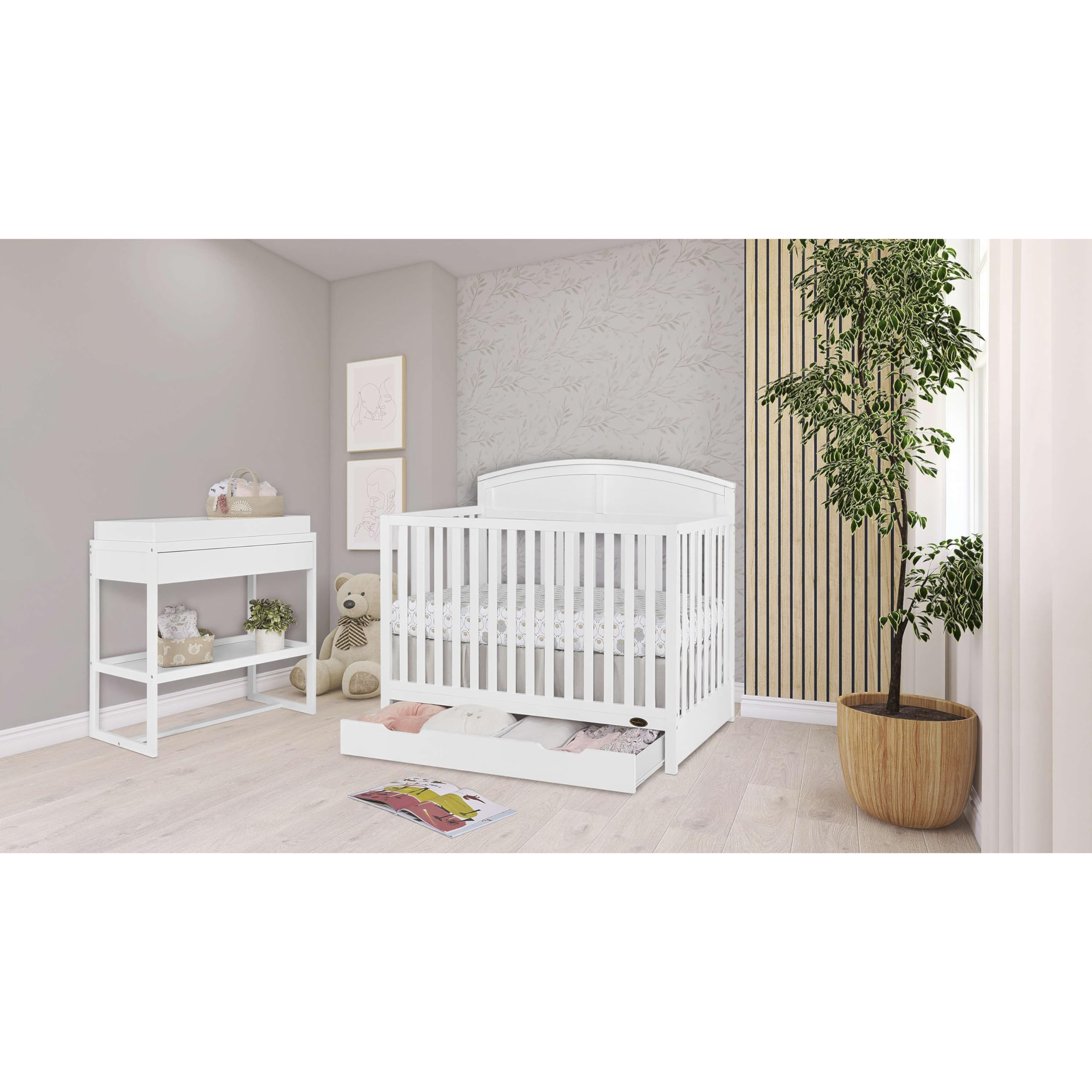 Dream On Me Storybrooke 5-in-1 Convertible Baby Crib with Storage Drawer - White | JPMA & Greenguard Gold Certified | Sustainable Pinewood Construction | Non-Toxic Water-Based Paint | Nursery Furniture for Newborns & Toddlers | Perfect for Small Spaces & Modern Nurseries