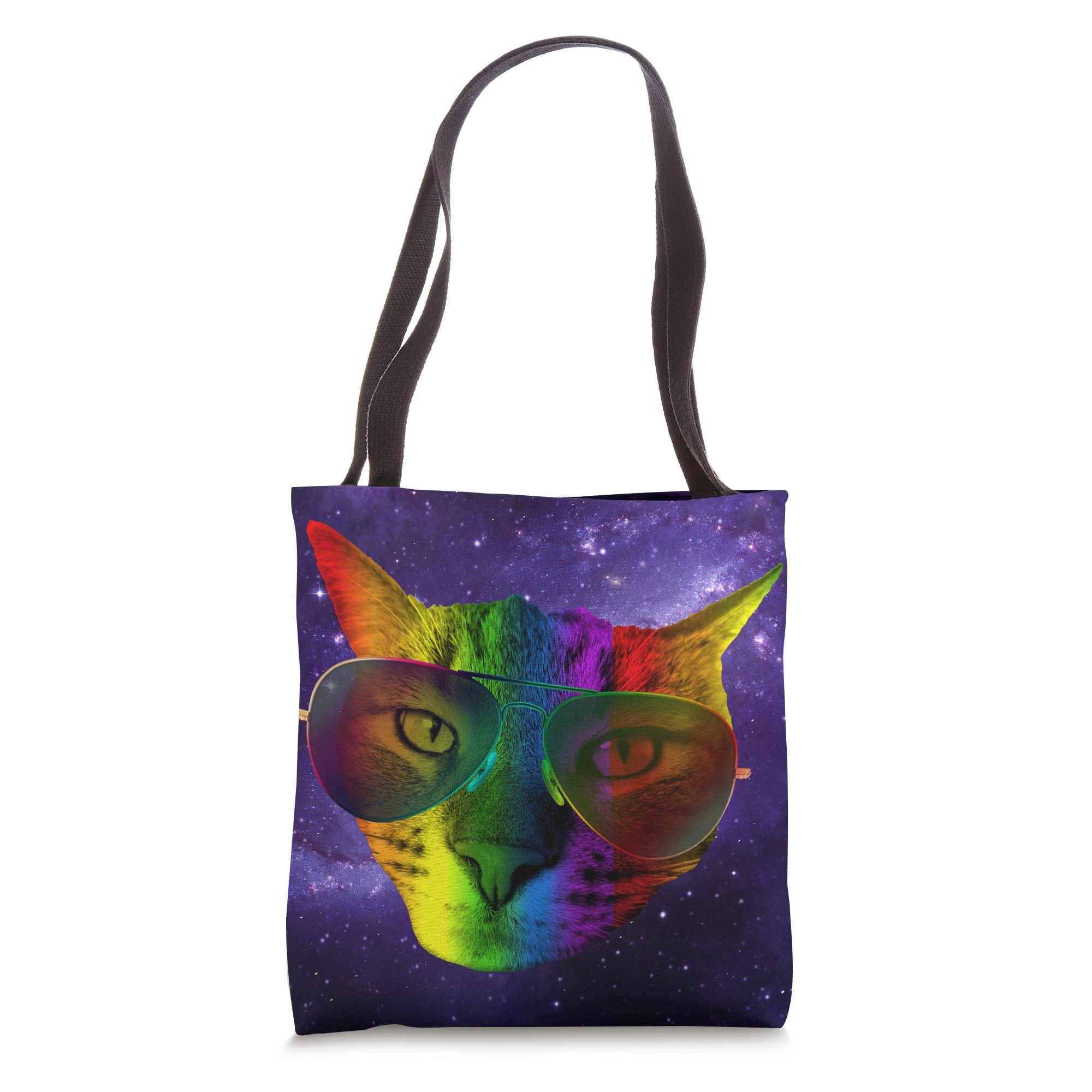 Space Cat Sunglasses Rainbow Tote Bag - Stylish & Durable Cotton Canvas Shoulder Bag for Women - Perfect for Beach, Shopping & Festival Accessories