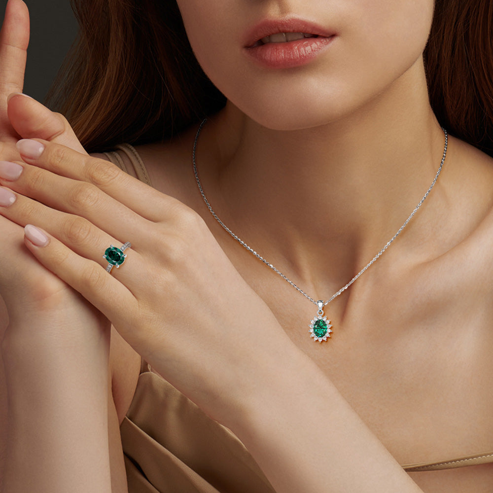 Elegant Floral Halo Green Oval Pendant and Ring Set - Sterling Silver Jewelry for Women, Gift for Her, Perfect for Weddings, Anniversaries & Special Occasions