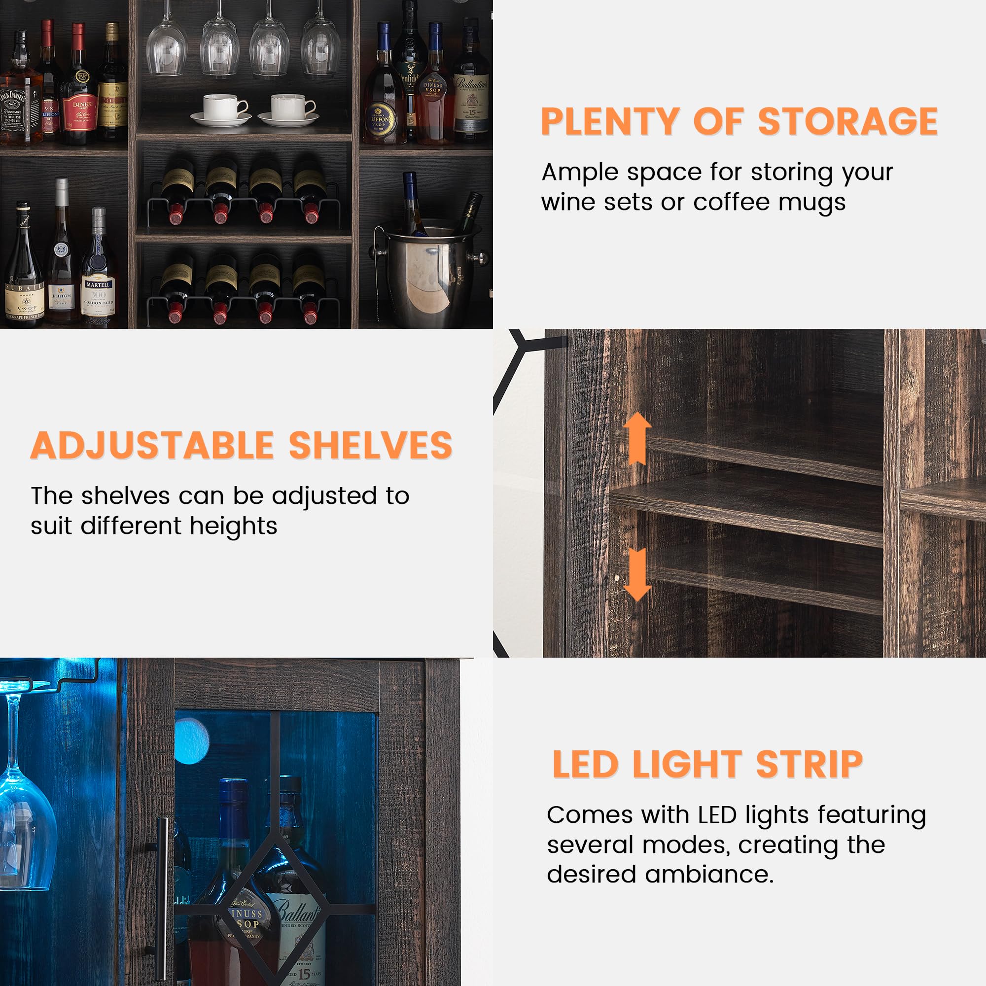 **IDEALHOUSE Wine Bar Cabinet with LED Light - Rustic Oak Kitchen Buffet Sideboard with Wine & Glass Rack, Storage Cabinet for Bar, Dining Room & Home Decor - Perfect for Entertaining & Displaying Liquor Collection**