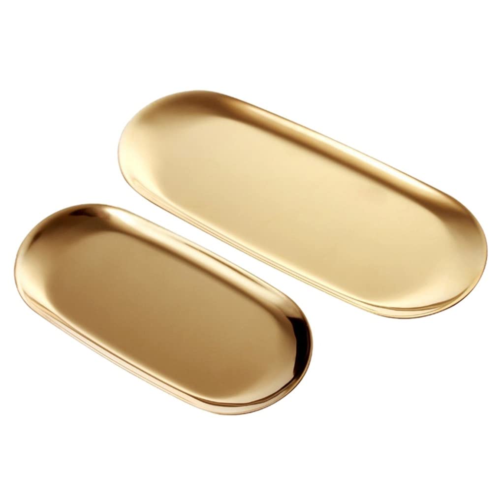 Gold Oval Stainless Steel Trinket Tray - 2PCS Set for Jewelry & Cosmetics Storage