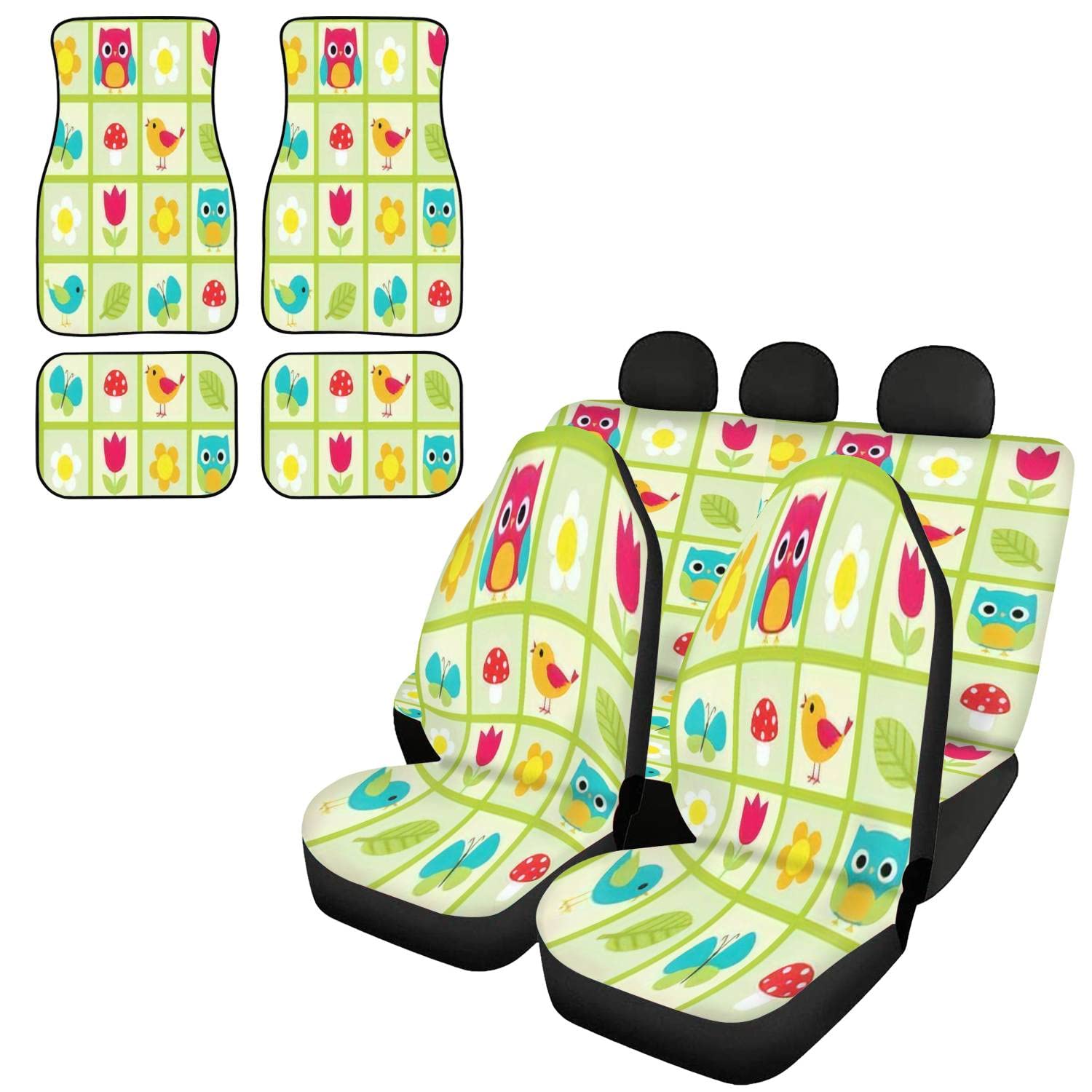 Universal 4-Piece Car Seat Covers Set with Floral Bird Design - Includes Front/Rear Seat Covers, Headrest Protectors & Floor Mats | Durable Auto Interior Decor for Sedans, SUVs & Trucks | Perfect for Daily Commute, Road Trips & Car Protection