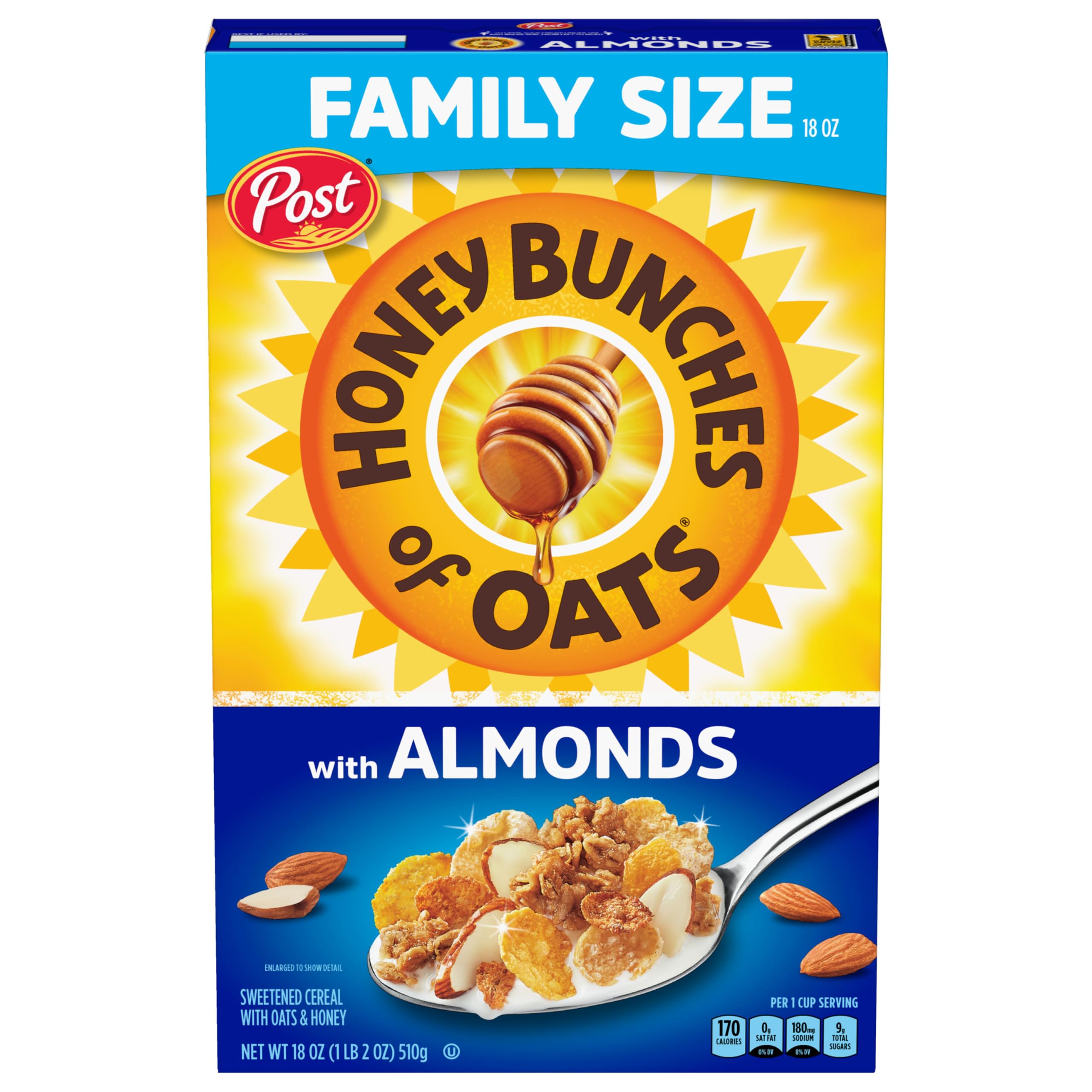 Honey Bunches of Oats with Almonds Breakfast Cereal - Crunchy Honey Granola Clusters & Sliced Almonds, Family Size 18oz Box - Perfect for Quick Breakfasts, Snacking & Family Meals