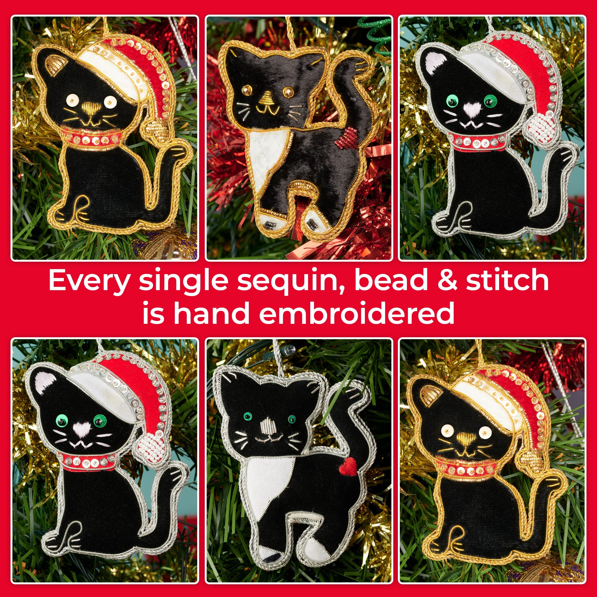 Handmade Black Cat Christmas Ornaments Set of 6 - Unique Cat Lover Gifts for Holiday Tree Decorations - Perfect for Christmas Decor, Cat Themed Parties & Festive Home Decorating