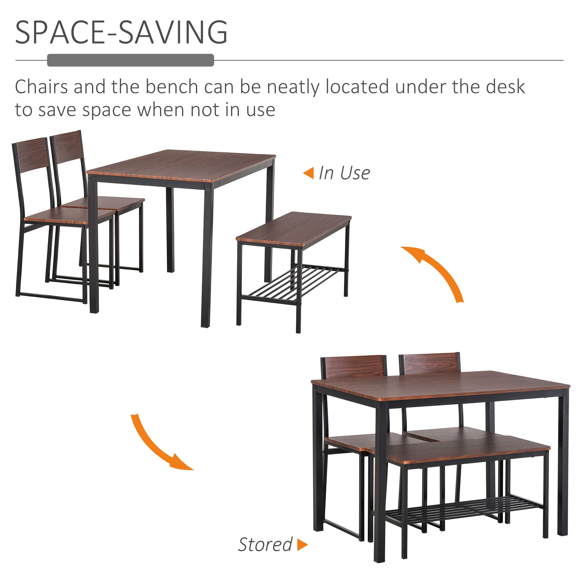 HOMCOM 4-Piece Industrial Dining Set with Bench, Wooden Kitchen Table & Chairs, Storage Rack, Black/Brown – Perfect for Kitchen, Dinette, and Small Spaces