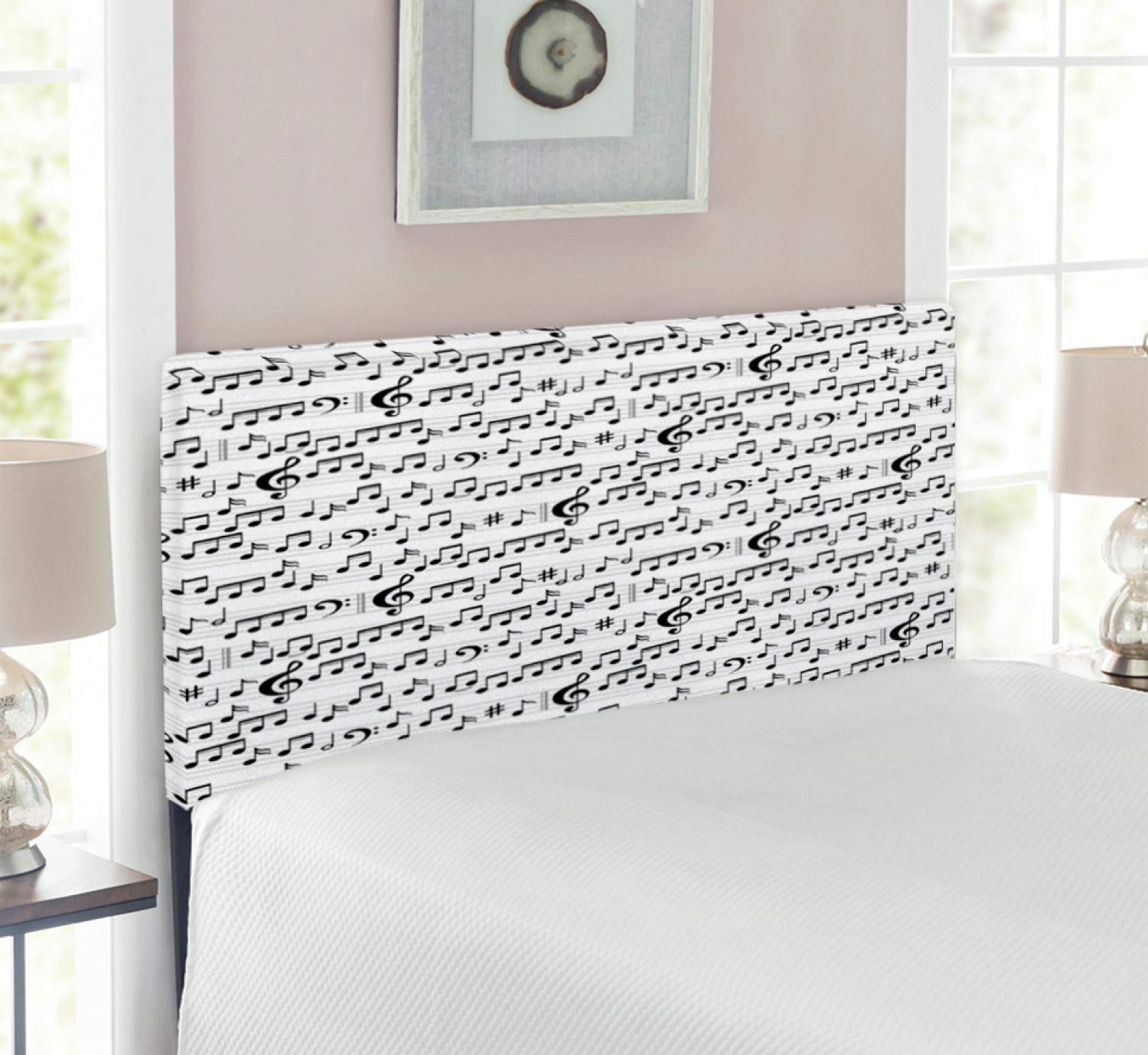 Ambesonne Music Themed Headboard - Abstract Musical Notes & Clef Print Upholstered Metal Bed Frame with Memory Foam - Twin Size Black & White - Perfect for Musicians' Bedrooms & Music Studio Decor