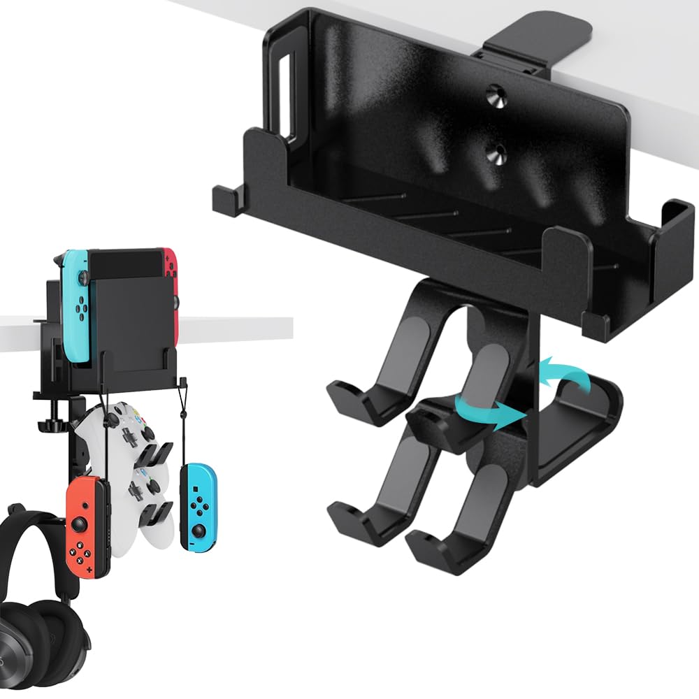 4 in 1 Under Desk Clamp Mount for Nintendo Switch/OLED - 360° Rotatable Headphone Hanger & Controller Holder - Compatible with PS4, PS5, Xbox, PC - Perfect for Gaming Setup & Workspace Organization